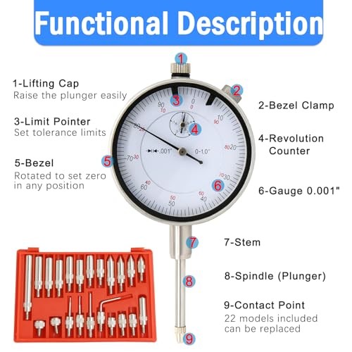 Dial Indicator with Magnetic Base and Point Precision Inspection Set – Dial Red
