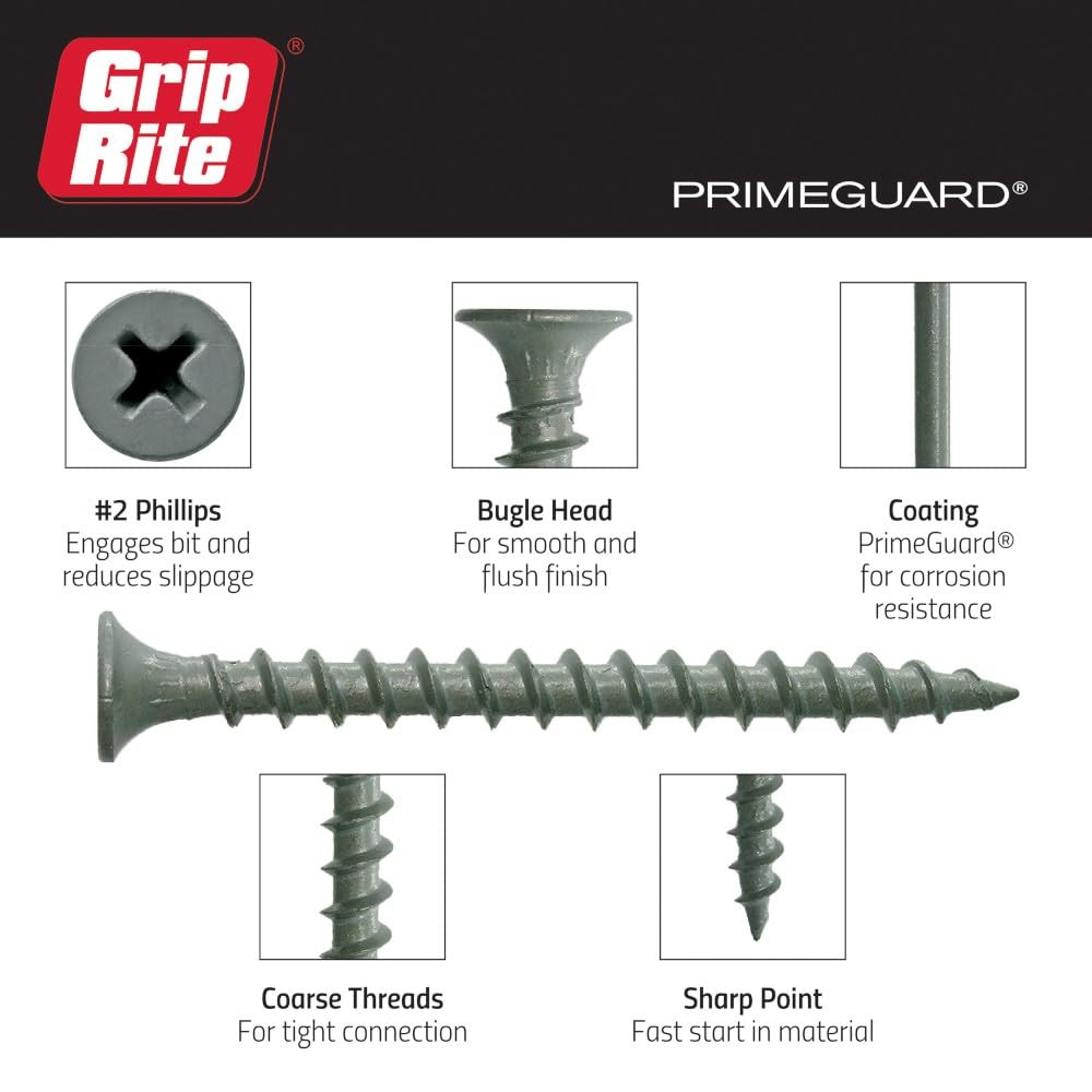 Grip-Rite Exterior Screws – Safe for Use in Treated Lumber – #2 3 Inch, grey