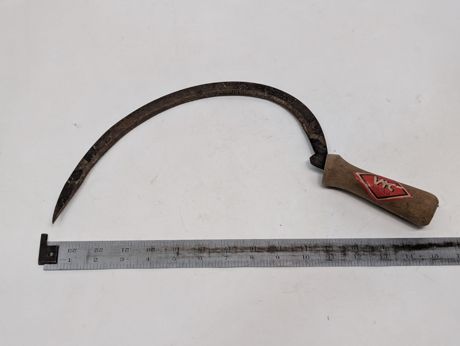 Vintage VIC wood handled steel blade sickle farm hand tool, made in Austria