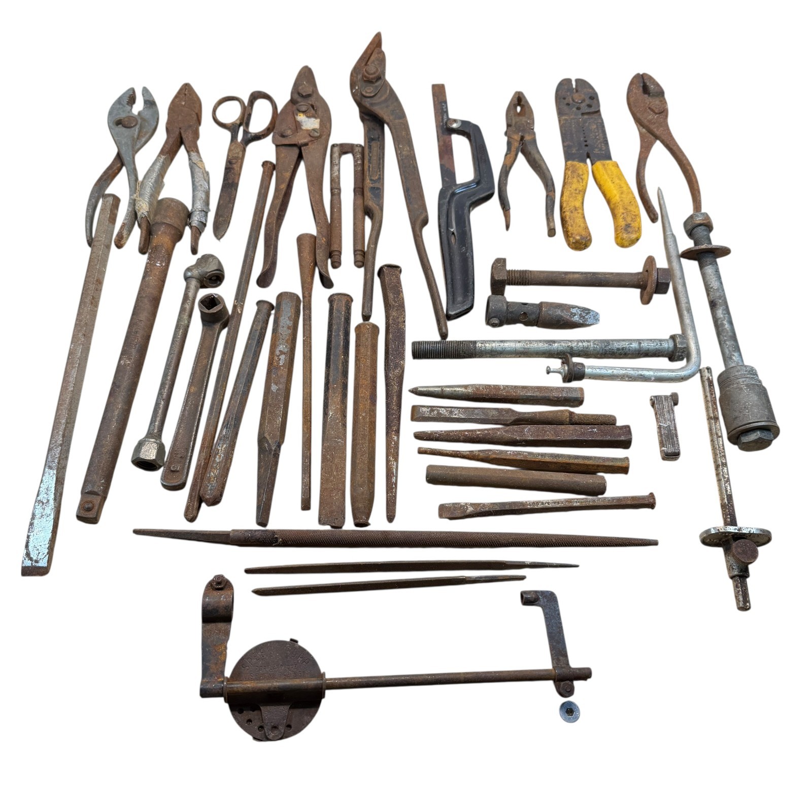 Vintage Tool Lot Pliers Tin Snips Punches Hacksaw Mixed Estate Rusty Tools