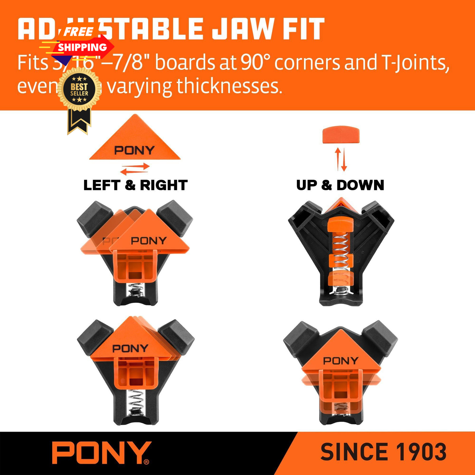 PONY 4-Pack Corner Clamp for Woodworking, 90 Degree Right Angle Clamp, Orange