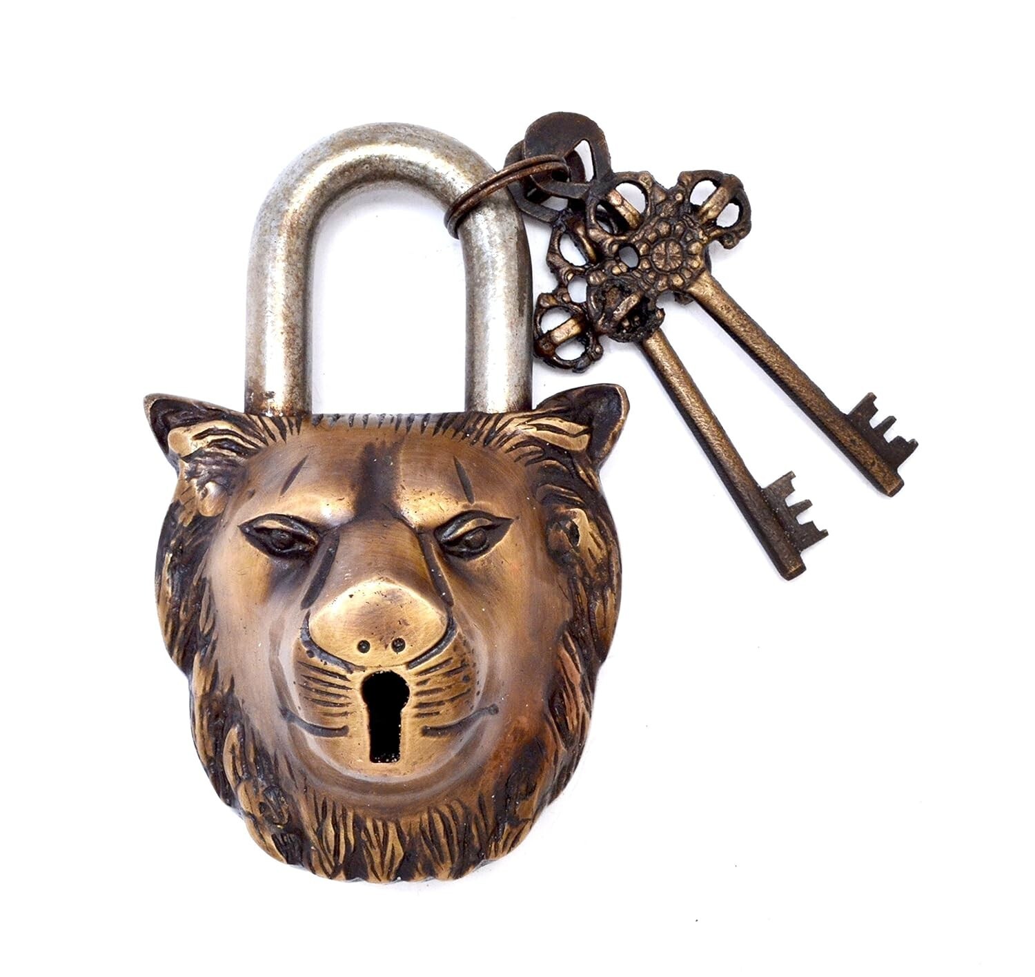 Antique Look Lion Design Functional Brass Padlock with 2 Keys