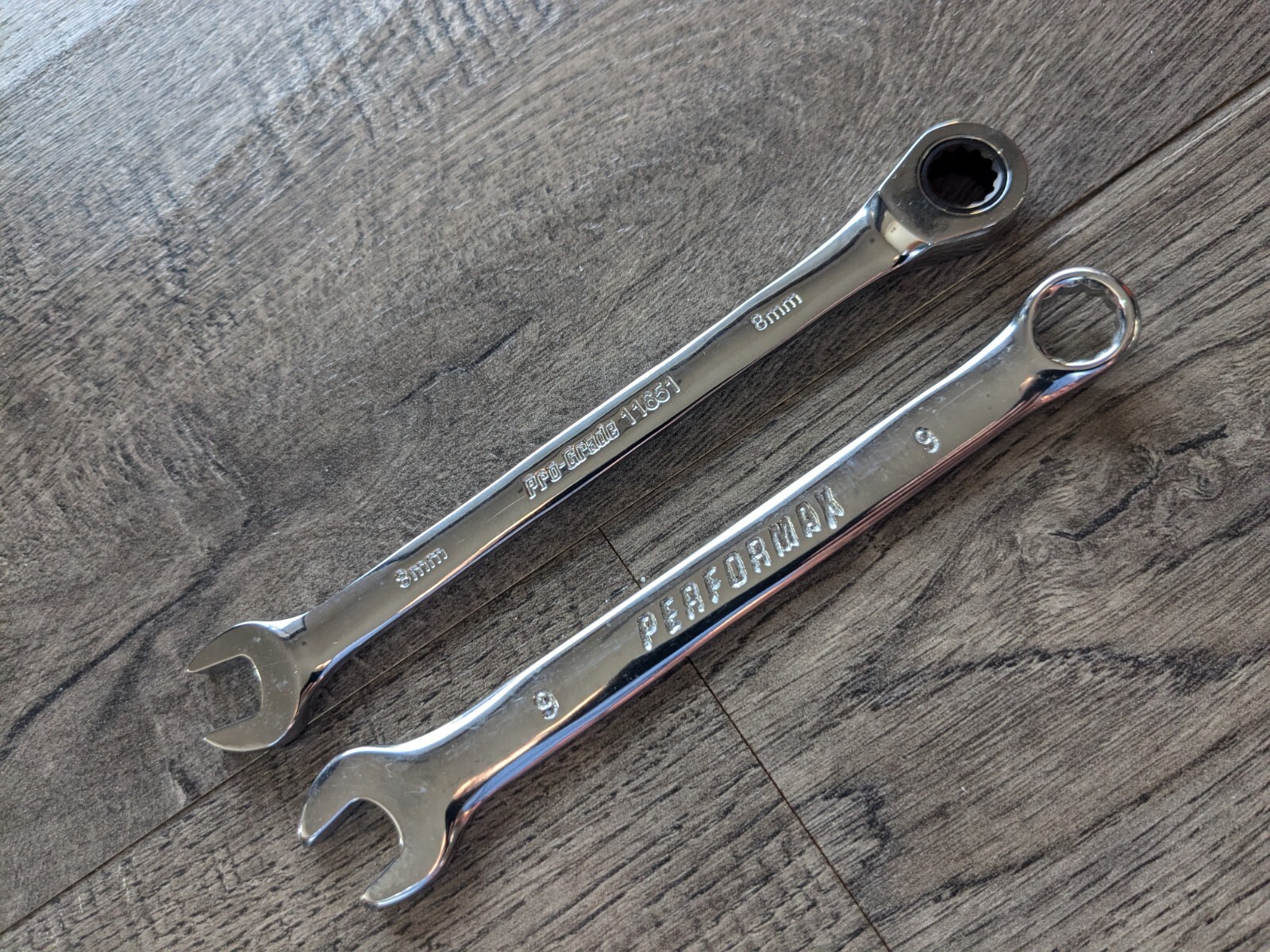 Lot of 2 Small Combination Wrench Tools: PRO-GRADE Ratchet 8mm & PERFORMAX 9mm