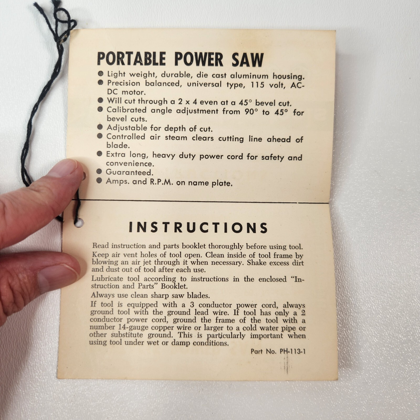 Vintage 1960s Power House Quality Electric Tools Portable Power Saw Instructions