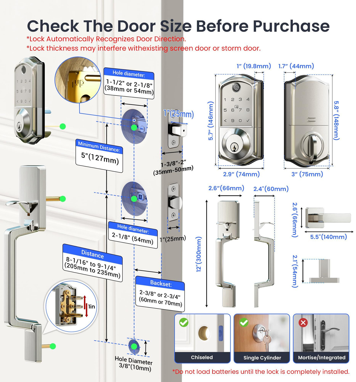 Veise VE017-D Smart Fingerprint Front Door Lock Set, App Satin Nickel