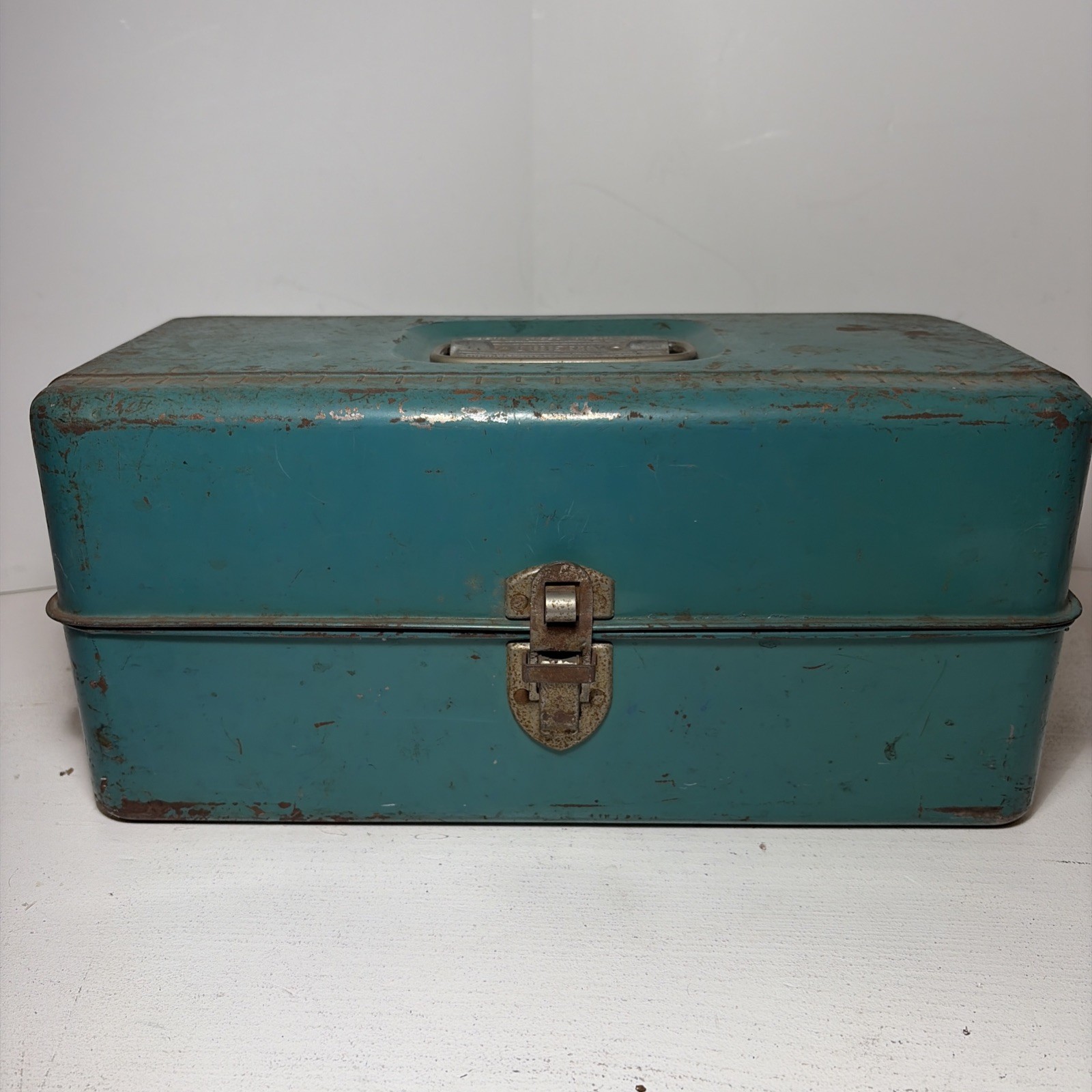 Vintage Liberty Steel Teal Green Metal Tackle Tool Box w Embossed Ruler + Extras