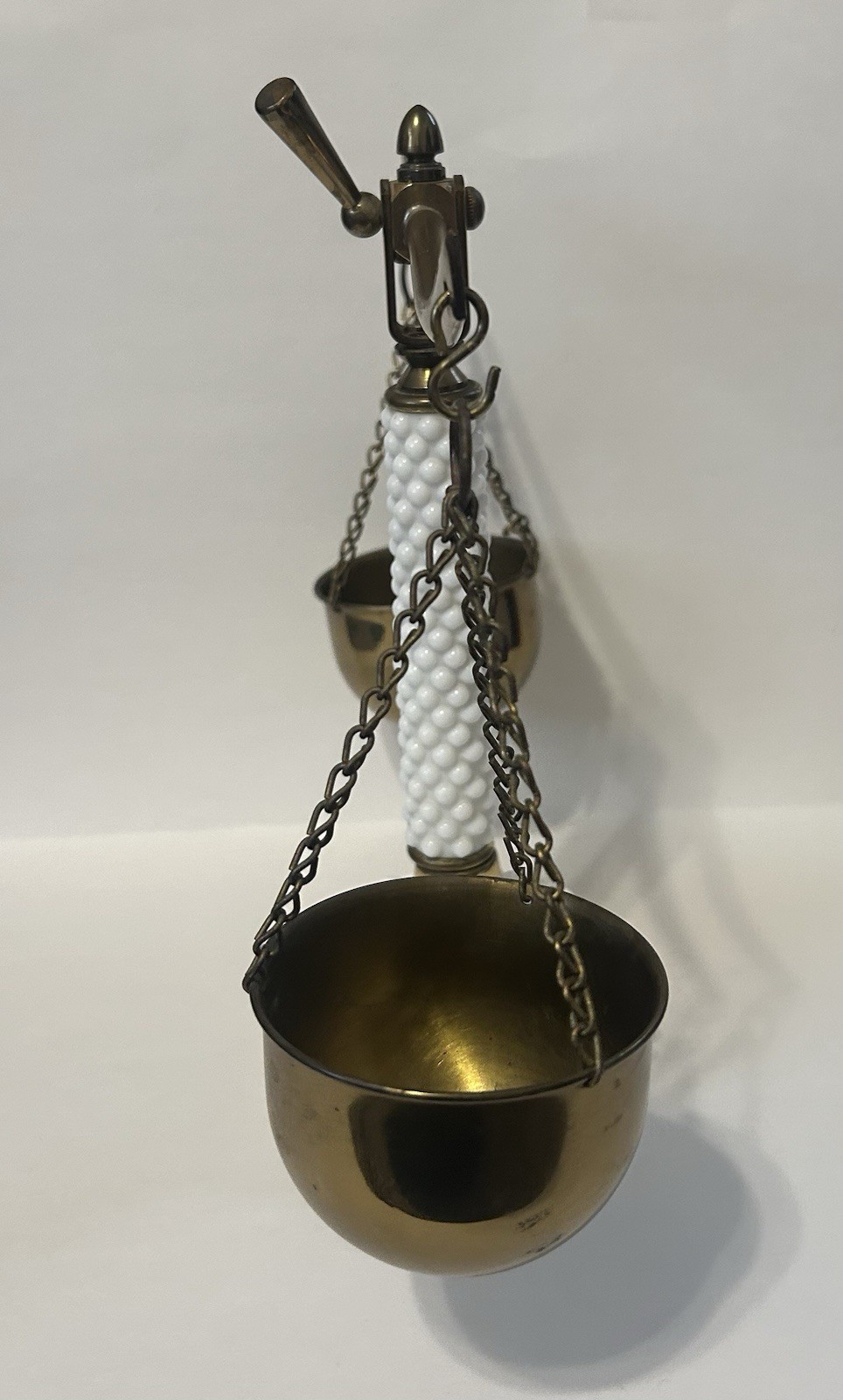 Vintage Fenton Hobnail Milk Glass And Brass Pillar Balance Scales Of Justice MCM