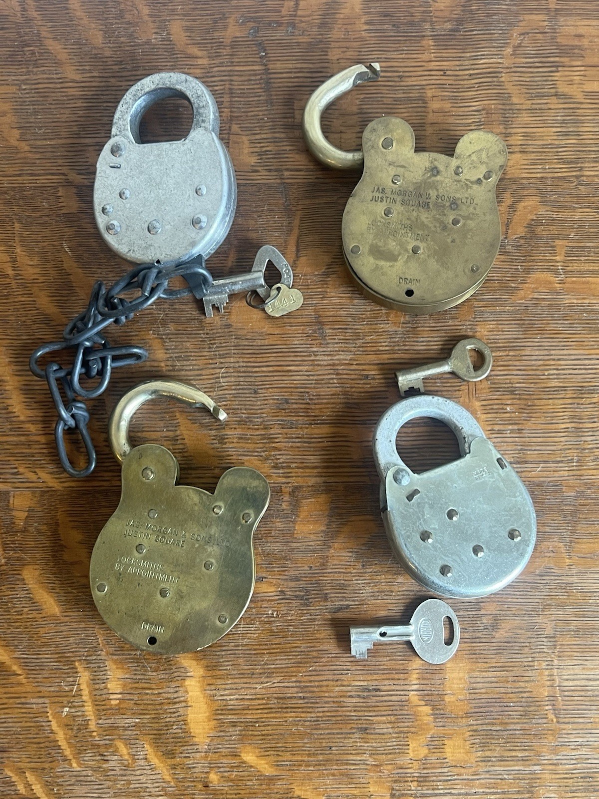 VINTAGE JARED SOLID 4 LOCKS WITH KEYS, 2 MARKED JAS BOND & SONS LTD. 007