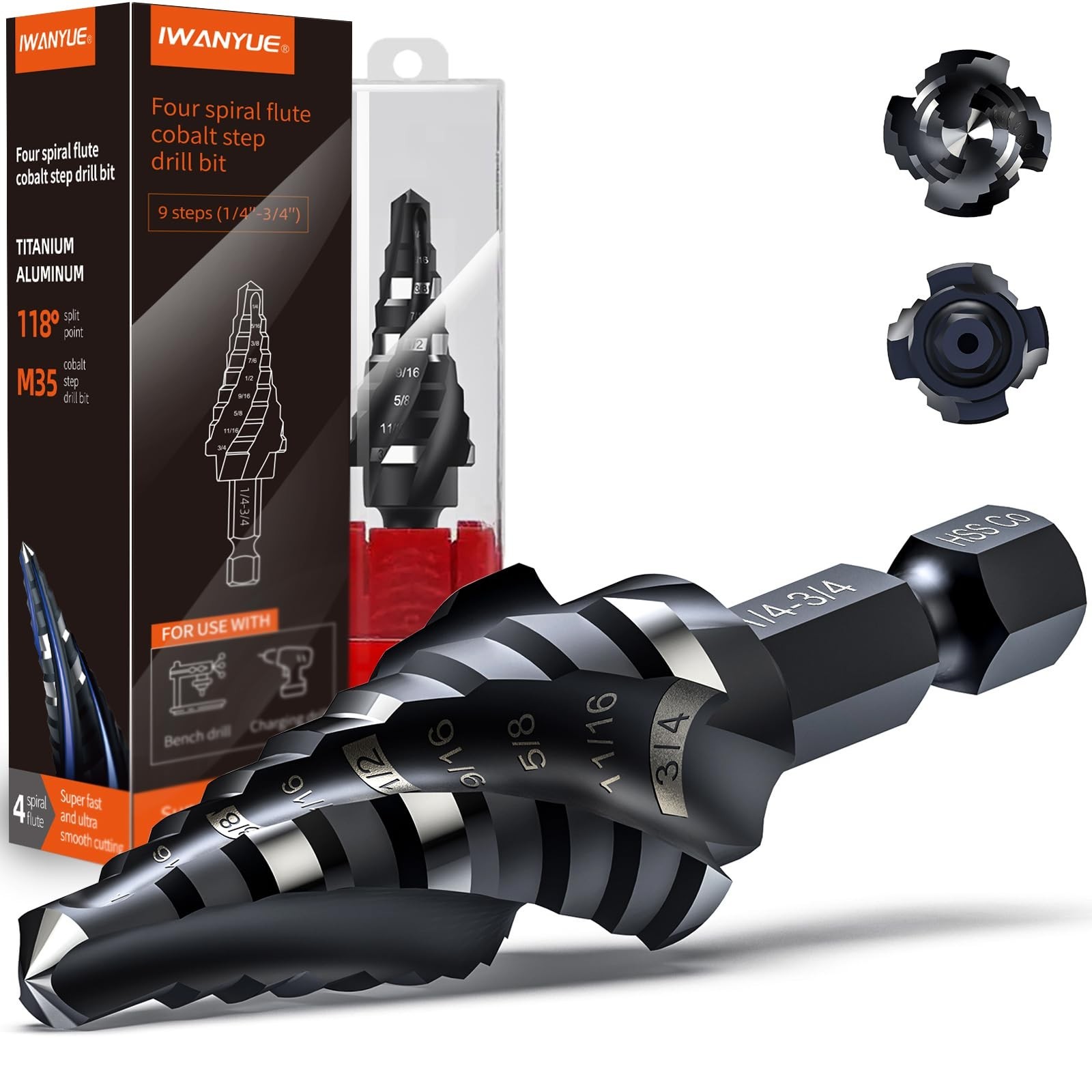 M35 Cobalt Four Spiral Flute Step Drill Bits,1/4”-3/4″(9 Step Size) Impact