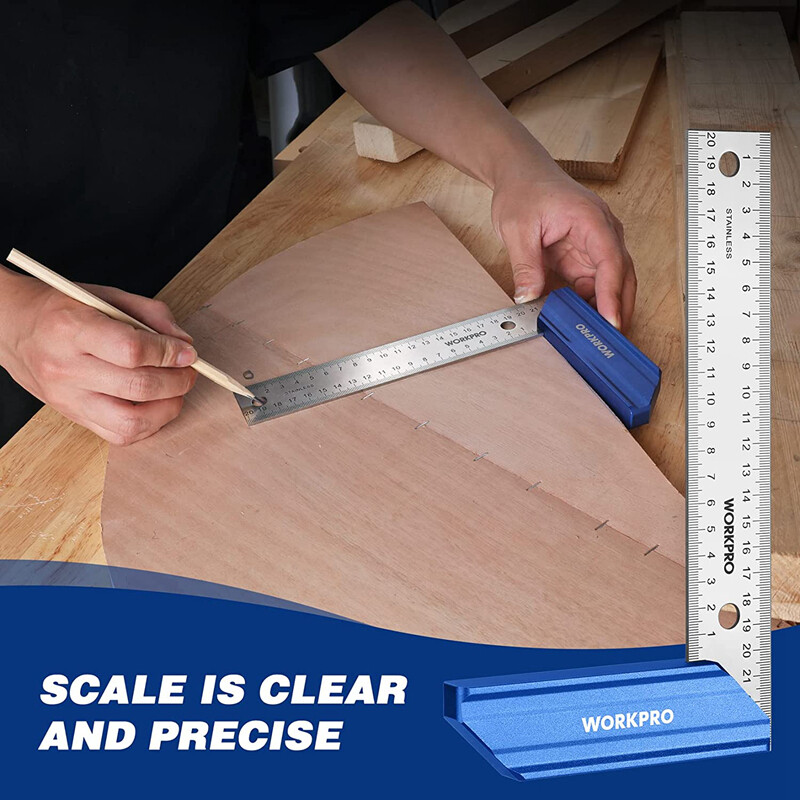 WORKPRO 8 Inch Try Square Aluminum Handle Stainless Steel Ruler Square Precision