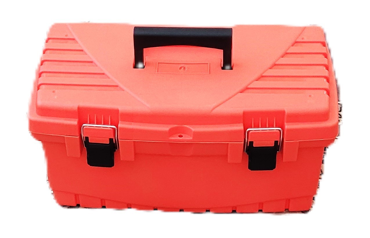 HOME DEPOT 19” PLASTIC TOOL BOX WITH REMOVABLE TOOL TRAY. COLOR ORANGE