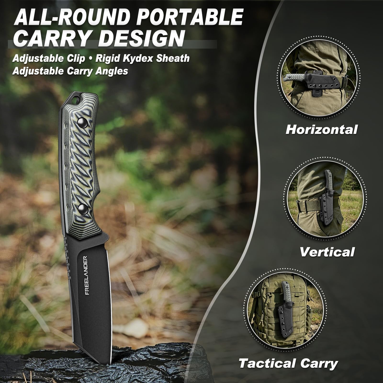 Freelander Fixed Blade Knife with Kydex Sheath, Gift for Men