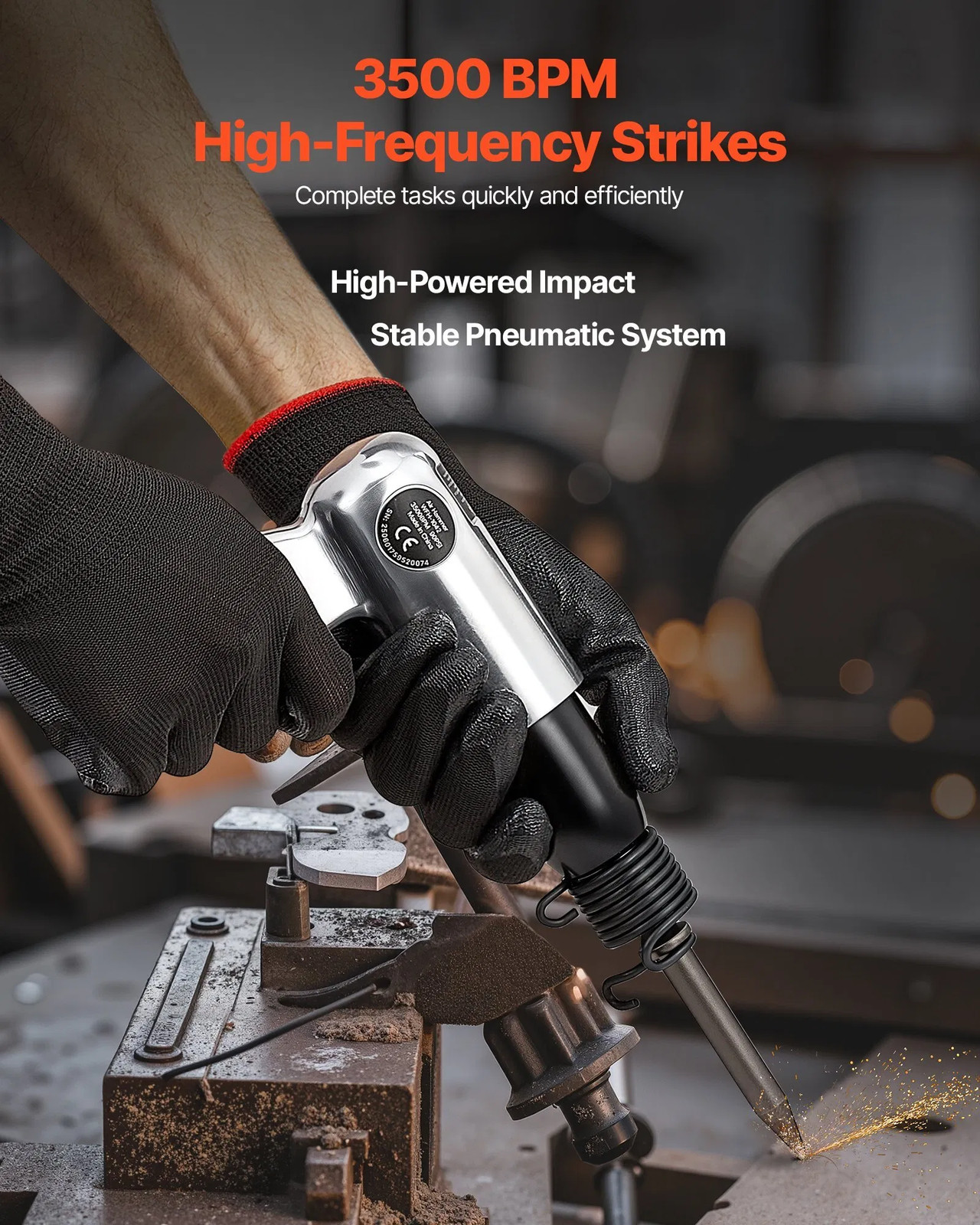 Air Hammer, 3500BPM Pneumatic Hammer with 2.76 inch Stroke & 4PCS Chisels Round