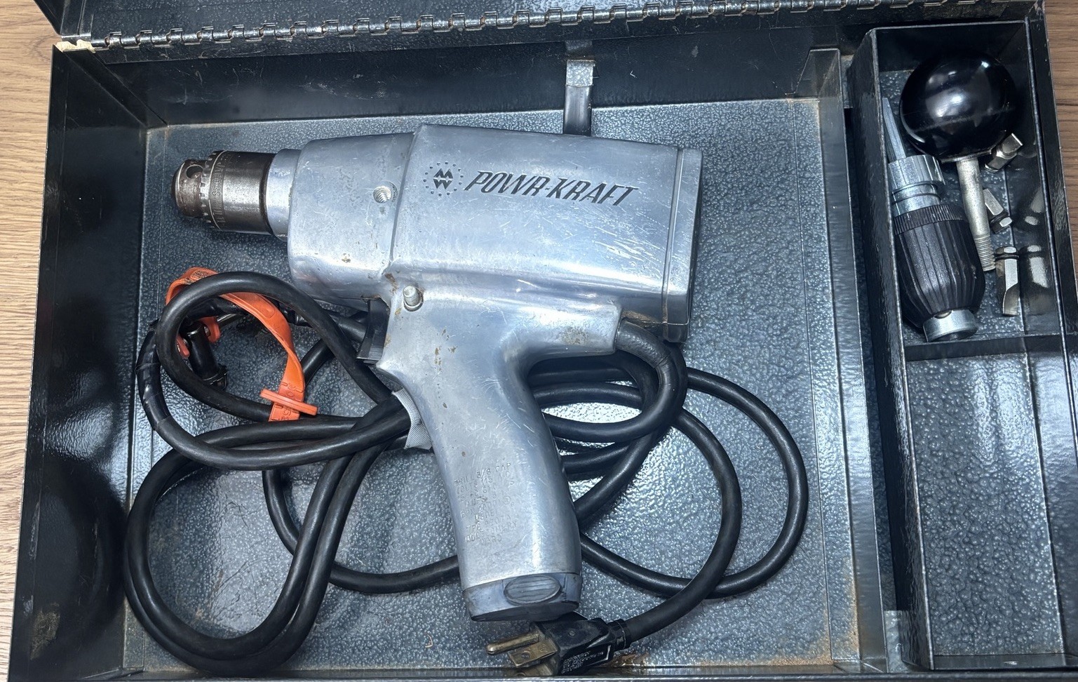Vintage Powr-Kraft Montgomery Ward 3/8” Electric Drill TPC 9207A w/ Metal Case