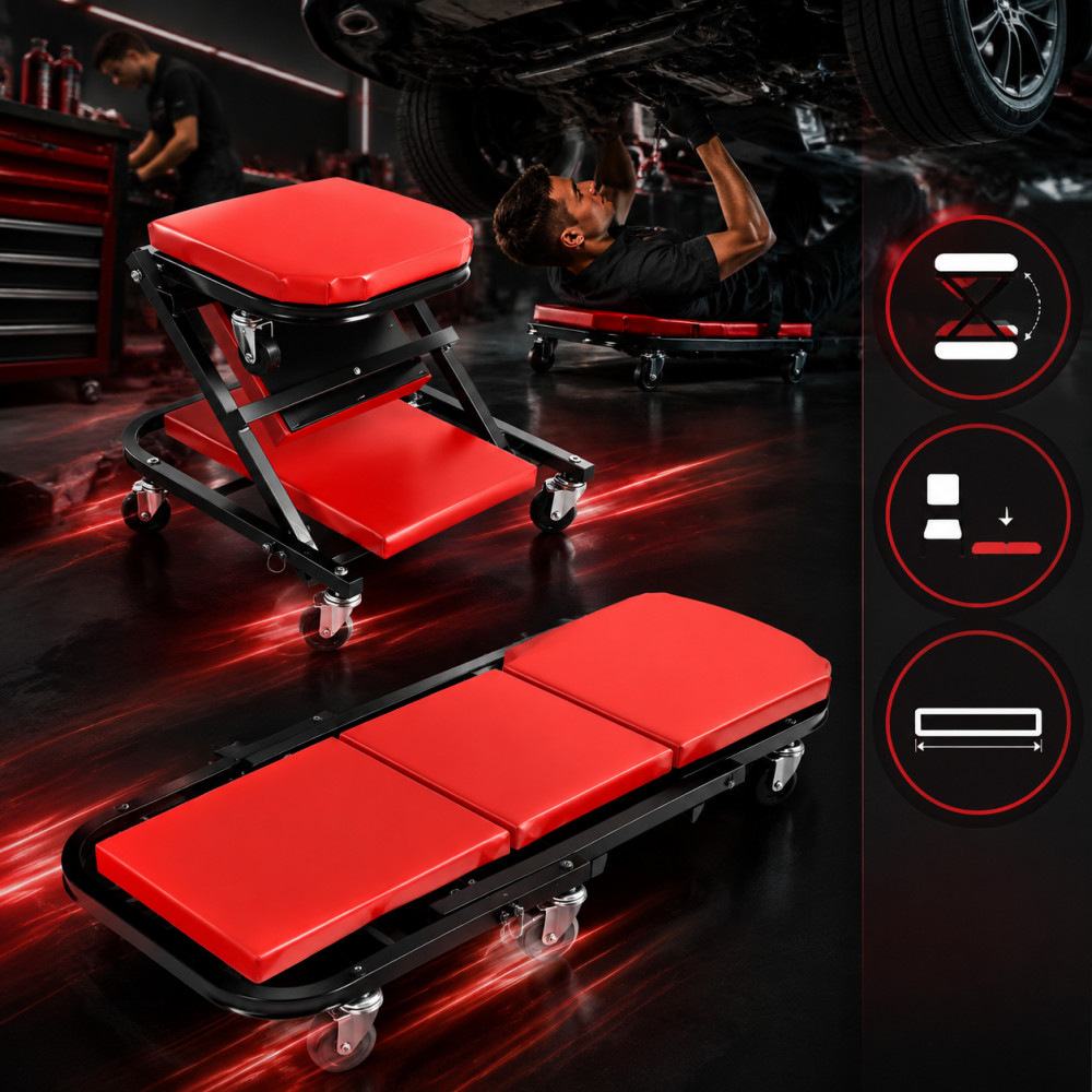 Heavy Duty Z-Shaped Rolling Mechanic Seat, Adjustable Padded Wheel Stool