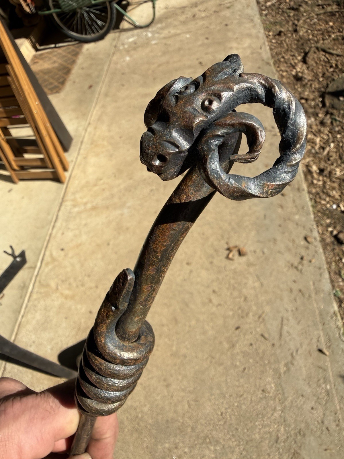 Blacksmith Forged Custom Rams Head Horn Fireplace Tools Wood Stove Poker Shovel