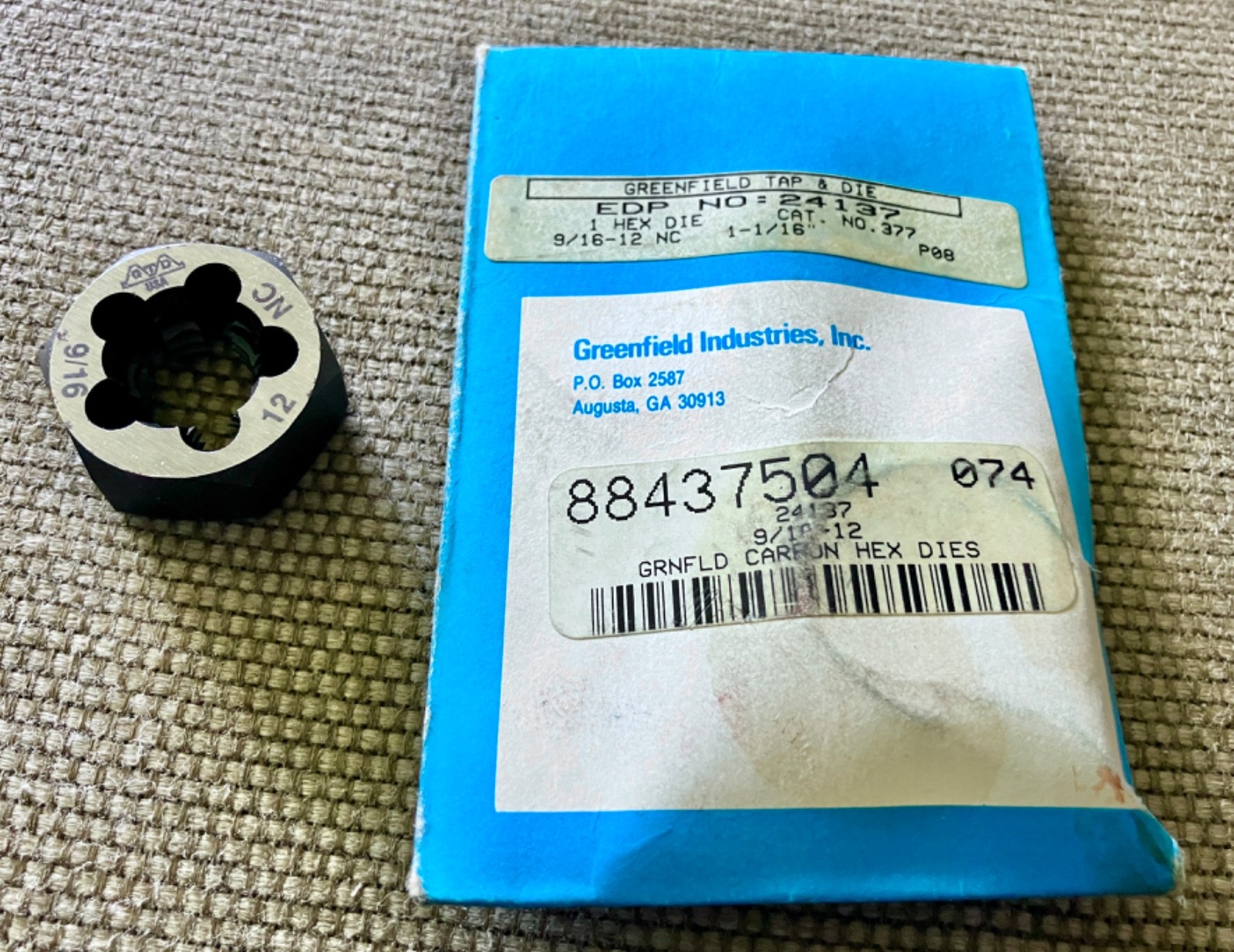 NOS Greenfield GTD 9/16″-12 NC Hexagon Die 1-1/16″ diameter – Made in USA