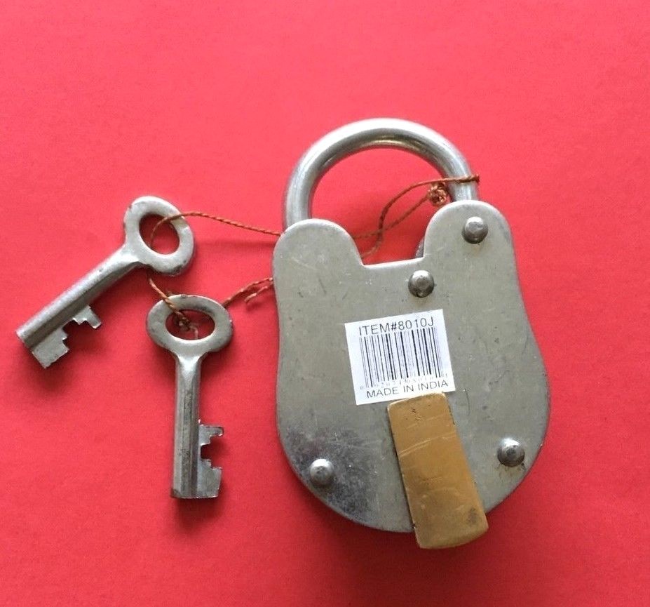 ANTIQUE LOCK OLD STYLE W/ KEYS SILVER 2.5″H – PADLOCK WITH BRASS KEY COVER