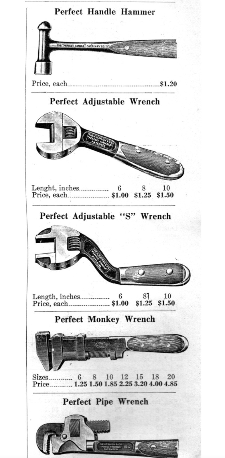 H D SMITH & Co PERFECT HANDLE S Adjustable WRENCH 8″ Mechanic USA Shop Tool RARE