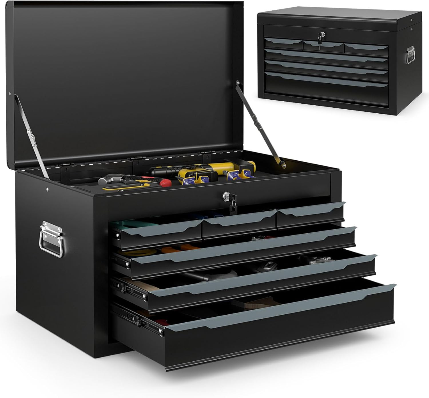 ARNOT Large Metal Tool Box, Tool Box with 6 Drawers & Top Tray