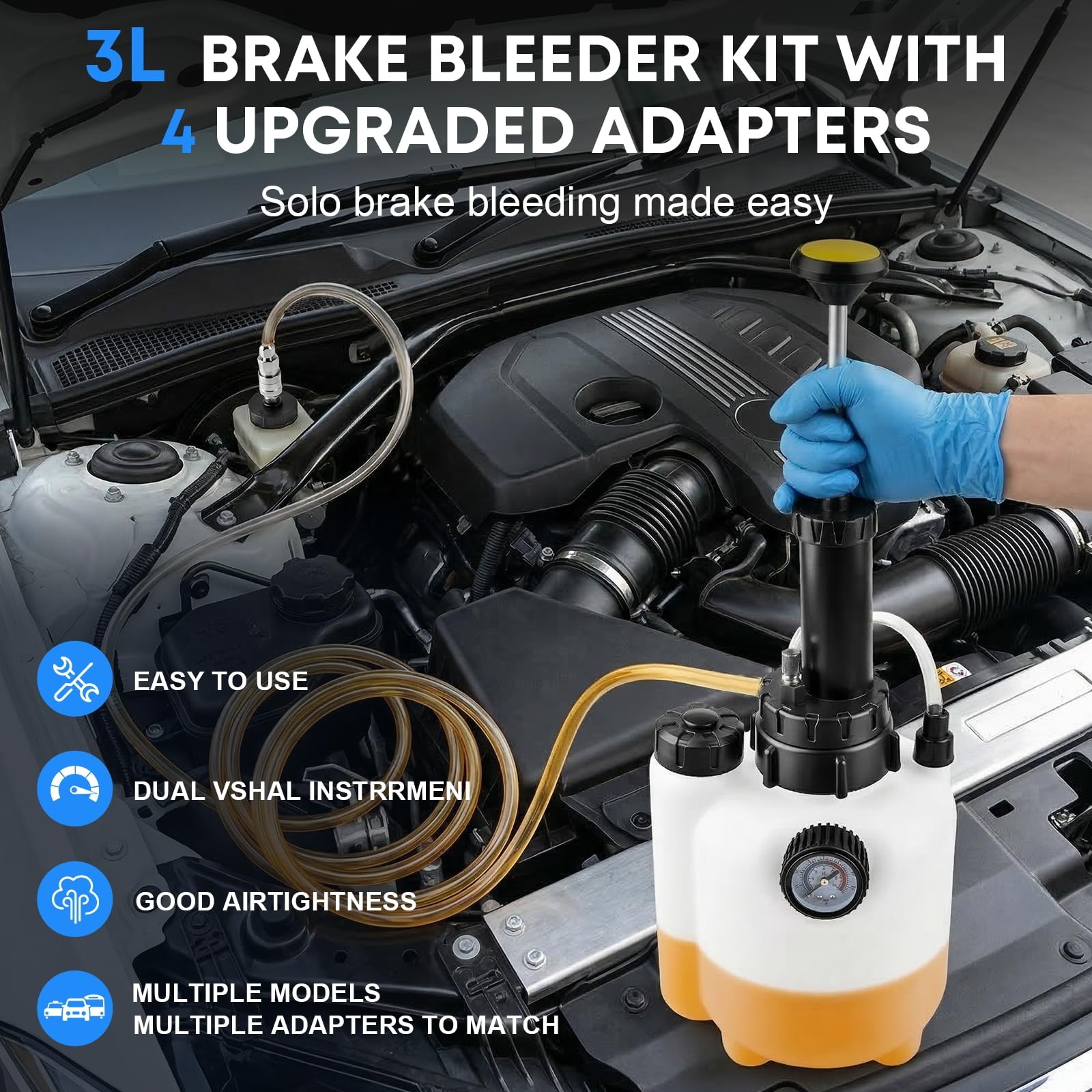 3L Brake Fluid Bleeder Kit with 1L Catch Bottle & 4 Adapters for Clutch Flush