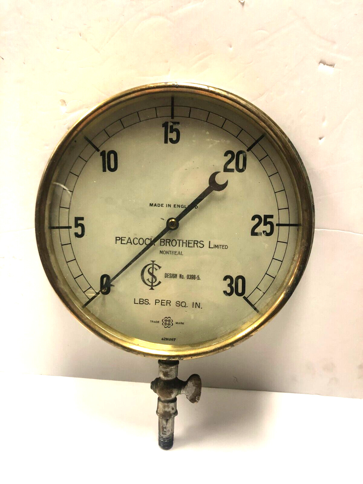 VINTAGE PEACOCK BROTHERS LIMITED PRESSURE GAUGE MONTREAL MADE IN ENGLAND