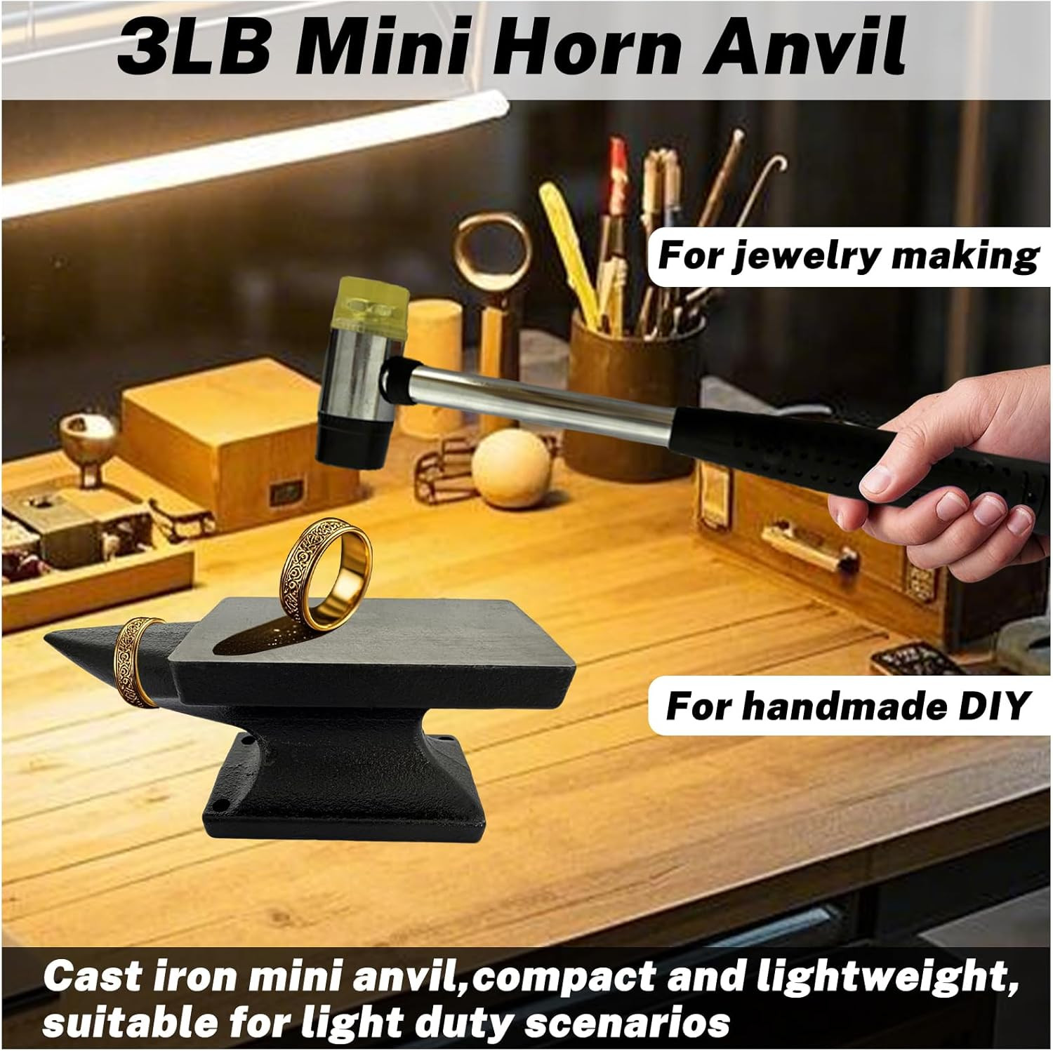 Mini Horn Anvil Set,3Lbs Forged Iron Anvil with Rubber Hammer for Jewelry