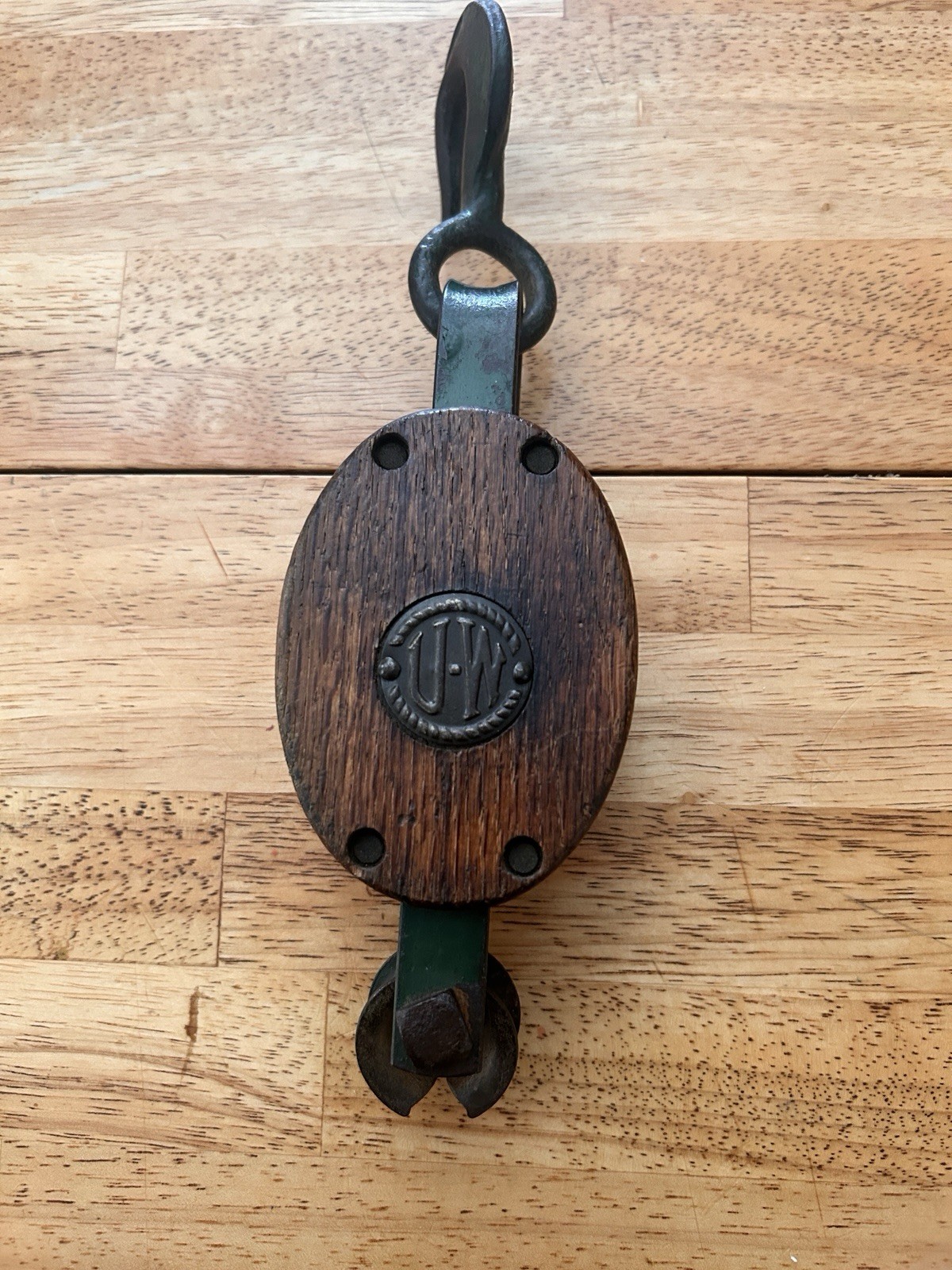 Vintage Upson-Walton U-W Wood Pulley Block Single Sheave Iron Hook Cleveland