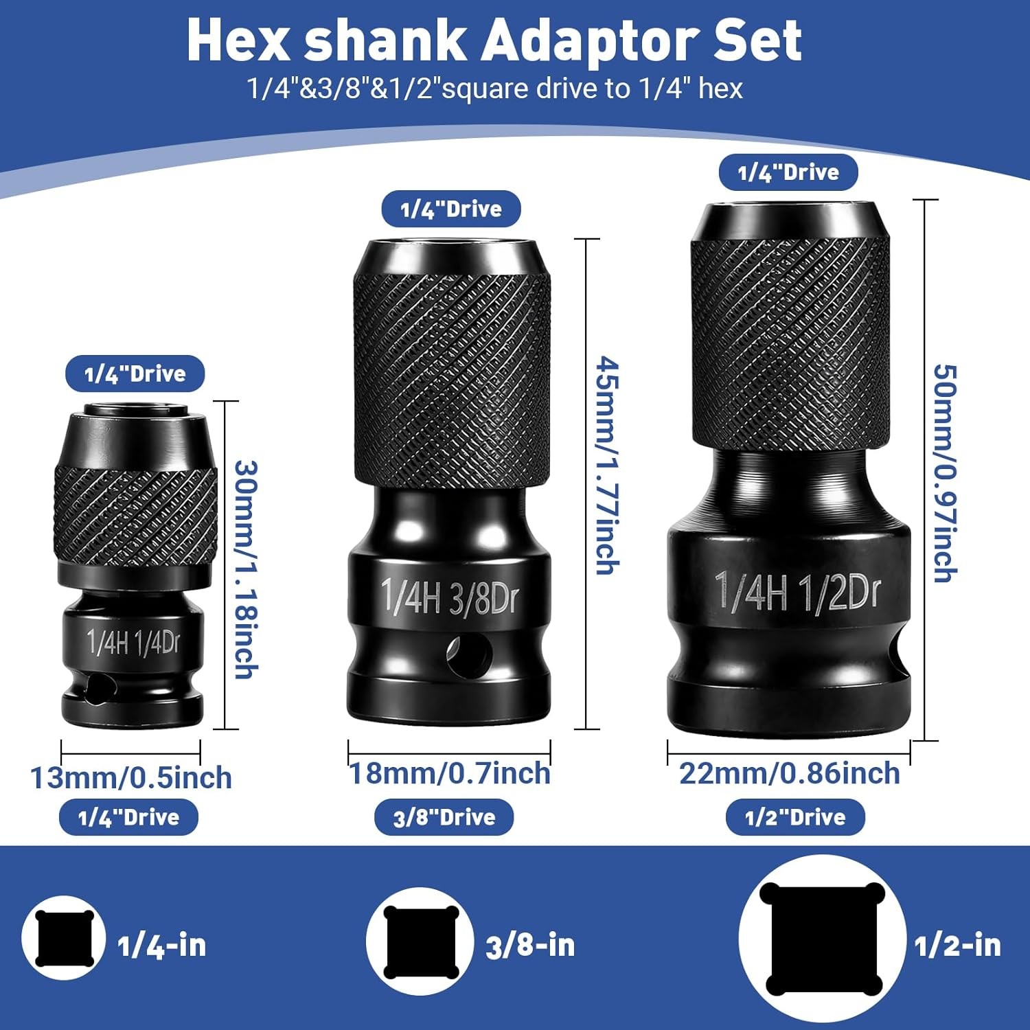 3-Piece Quick Release Impact Bit Holder Set, 1/2″ 3/8″ 1/4″ Square Drive to 1/4″