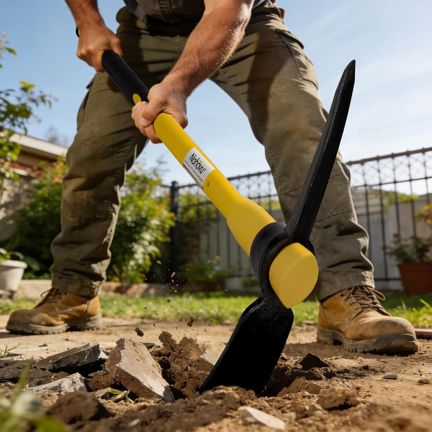 Pickaxe with Shock Absorbing Fiberglass Handle, Heavy Duty Forged Steel Pick Axe