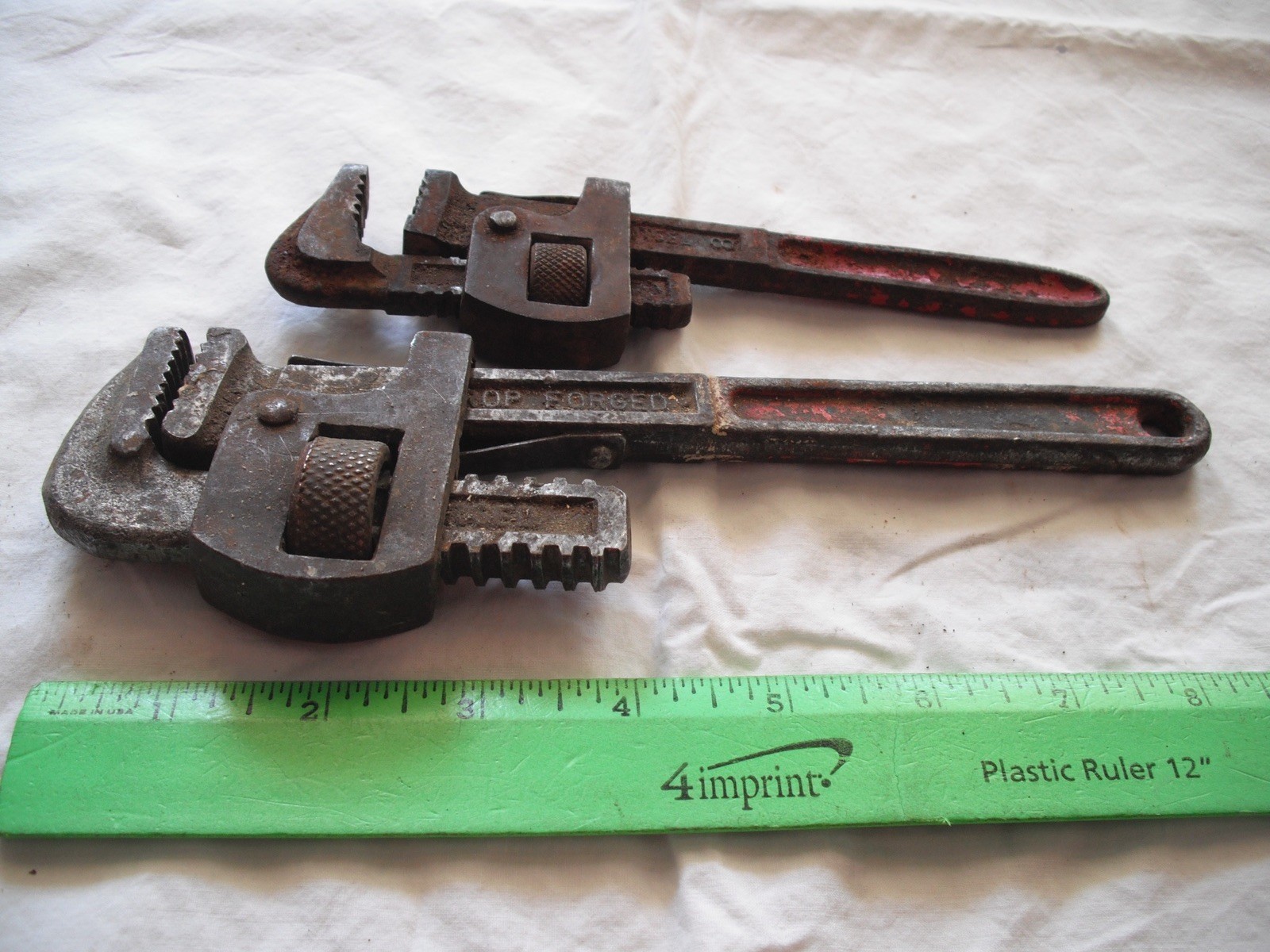 Lot of 2 Adjustable Pipe Wrenches, Metal, Drop Forged, TDEL CO., Spain, Vintage