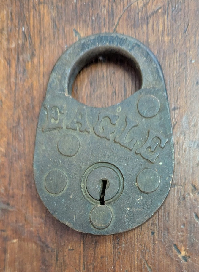 Vintage Eagle Inscribed Padlock Locked No Key 3″ x 2″ Terryville USA Spelled Out