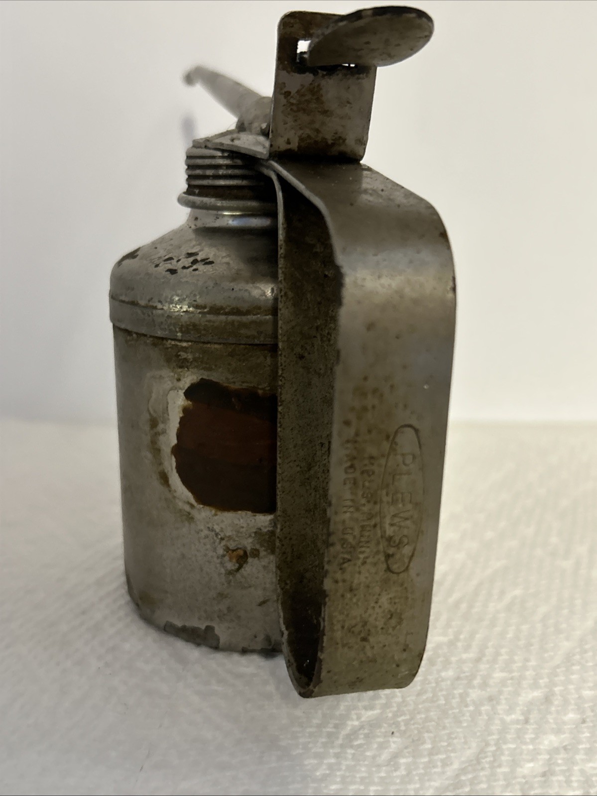 Vintage Plews Pump Oil Can Long Spout Metal Thumb Oiler USA Garage Tool Oiling