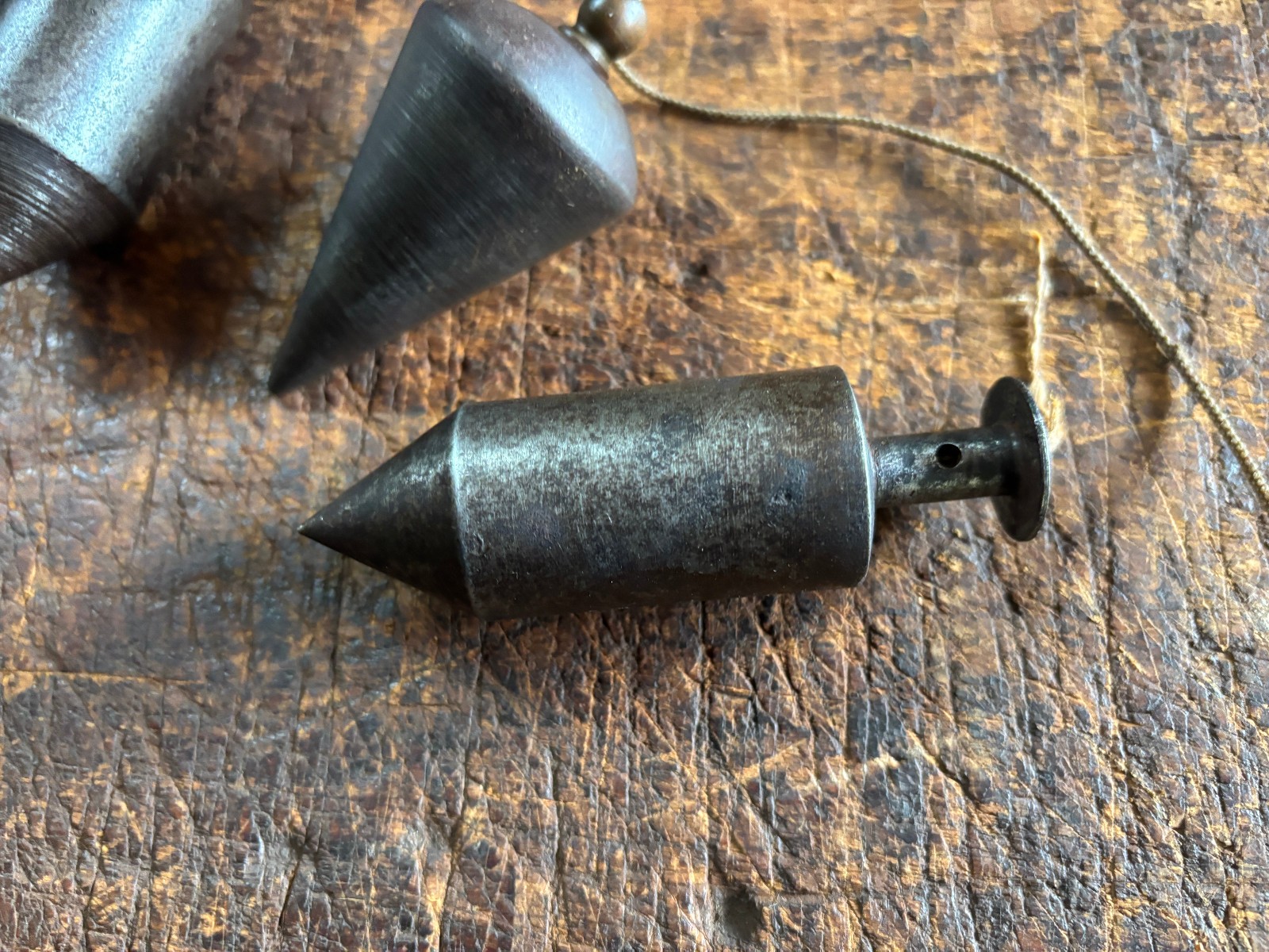 Three Vintage Solid Steel Plumb Bobs Old Industrial Builders Tools 1950s-1960s