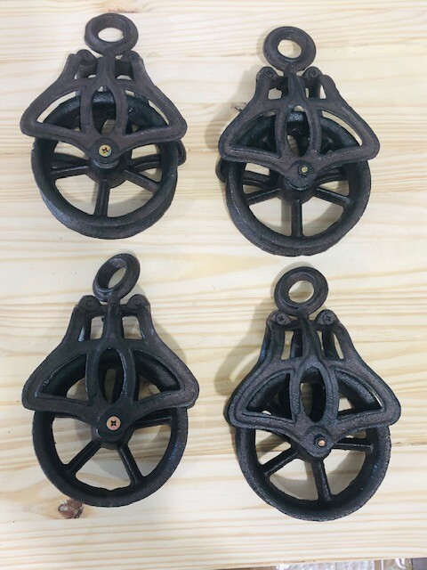 4 Rustic Pulleys Cable Wheel Hook Farmhouse Country Home Decor Cast Iron Barn