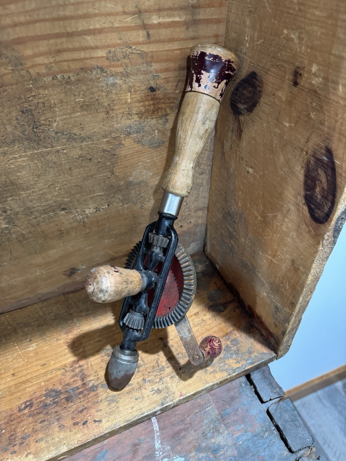 Vintage Hand Held Drill with Wooden Handles and Heavy Metal Gear Made in Japan