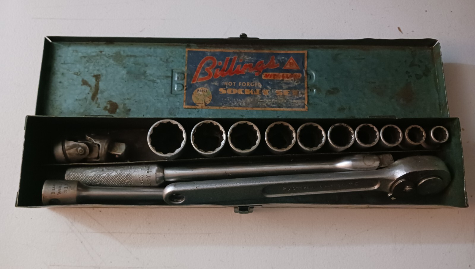 Billings Vitalloy 14 Piece 12 P. 1/2″ Drive SAE Socket Set W/ Metal Box VNG USA