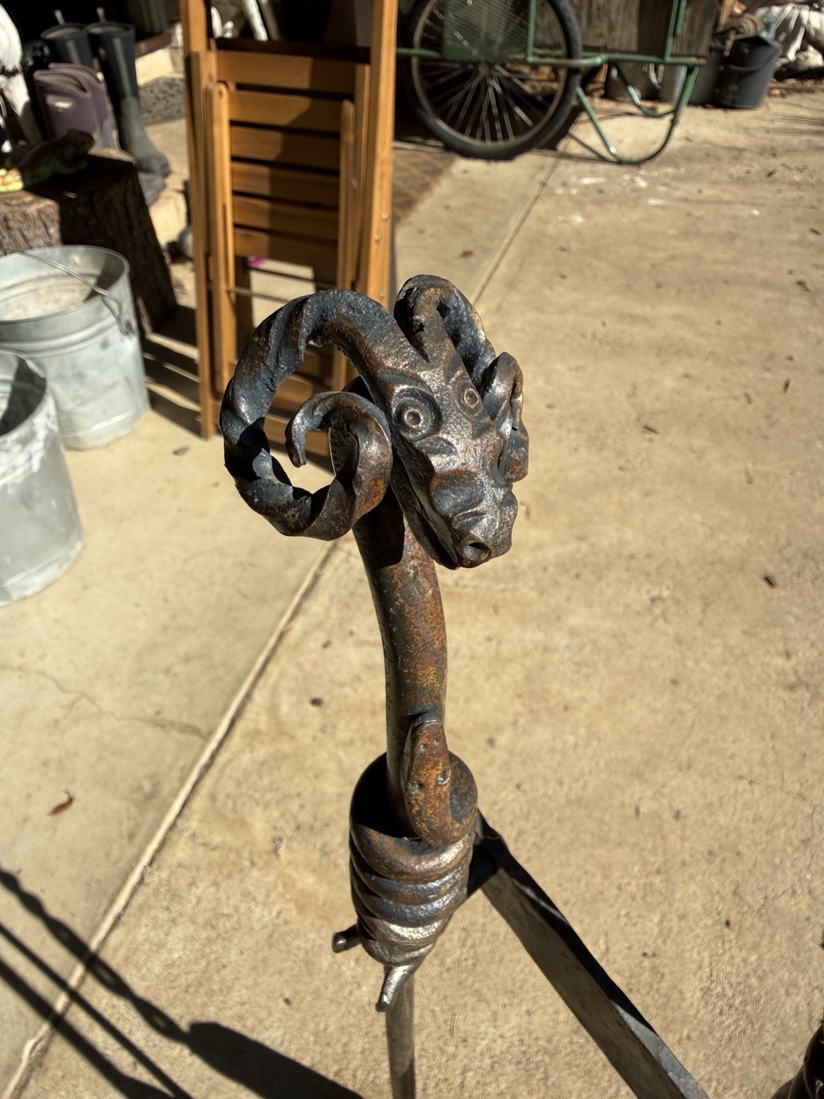 Blacksmith Forged Custom Rams Head Horn Fireplace Tools Wood Stove Poker Shovel