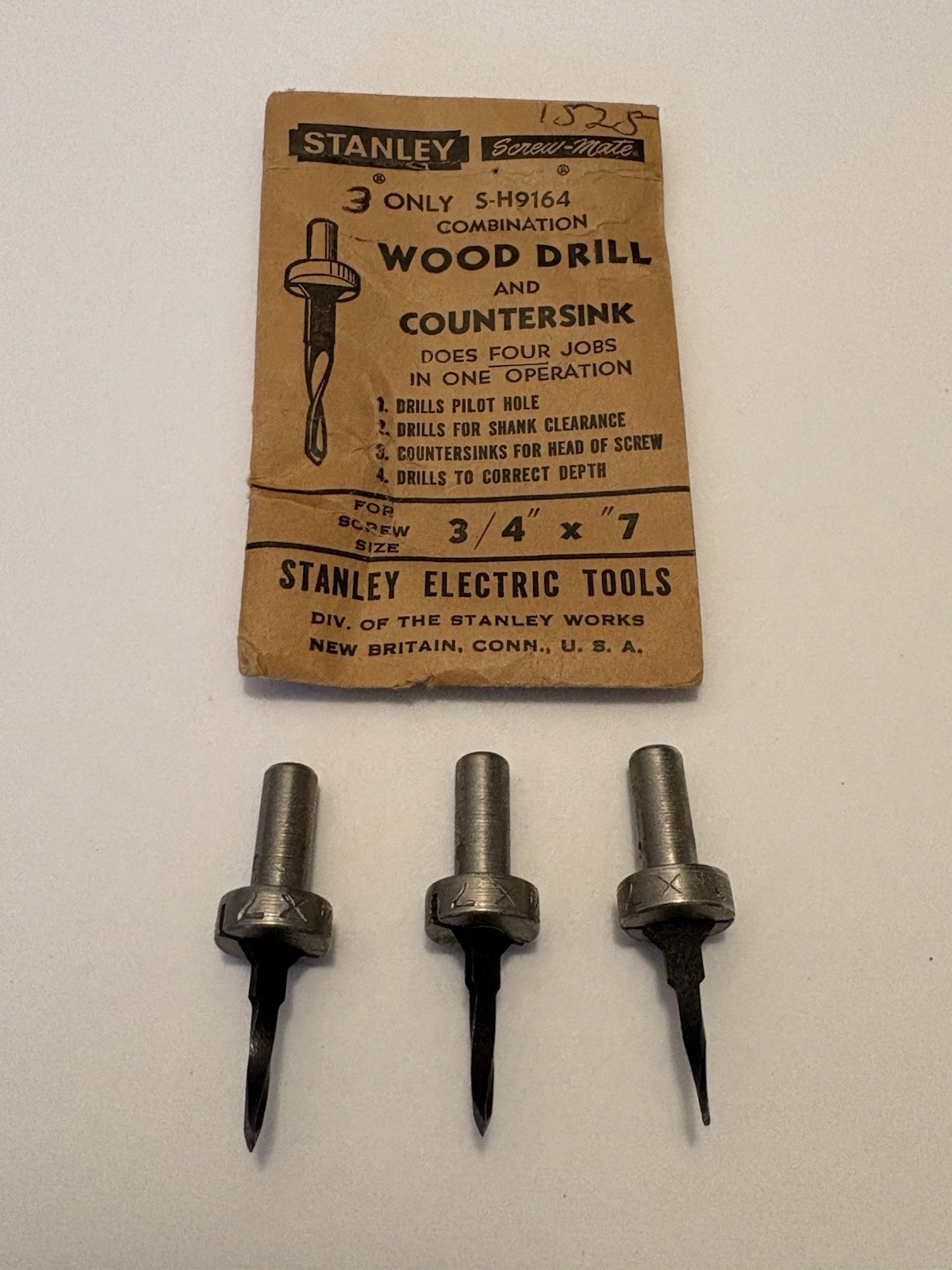 (3) STANLEY #1525 SCREW-MATE COUNTERSINK DRILLS #7 X 3/4”, NEW W/ENV.