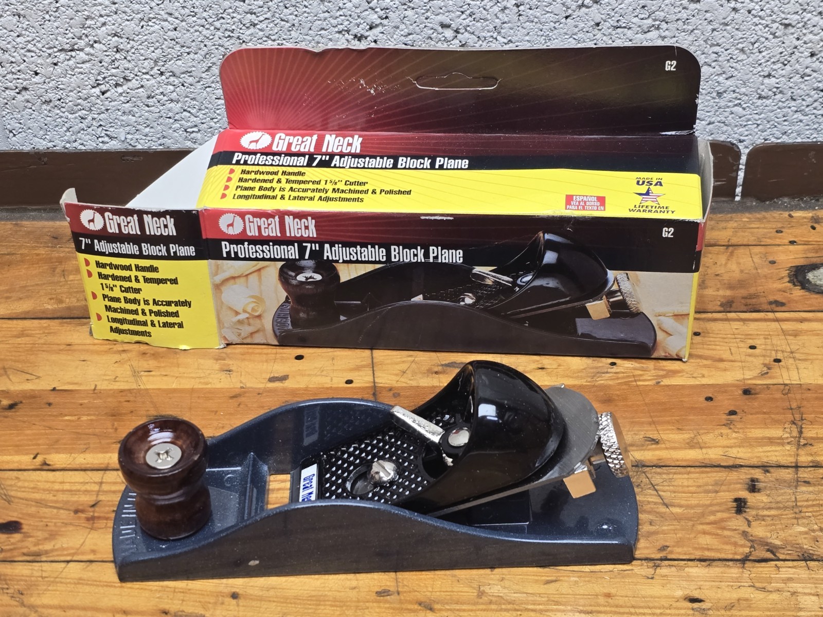 NOS Great Neck 7″ Adjustable Wood Block Plane – Made in USA – Original Box NEW