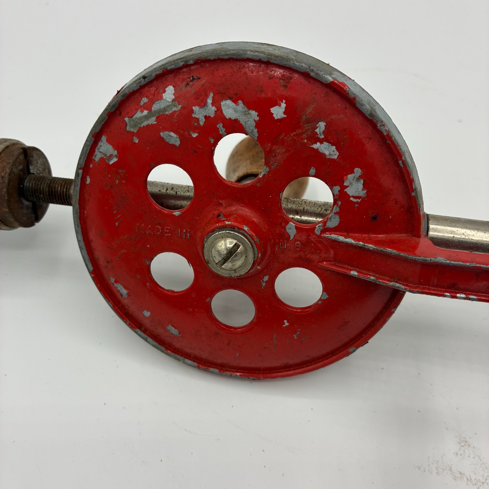 Vintage Egg Beater Hand Drill Red Wheel Wood Handles Made in USA 13in