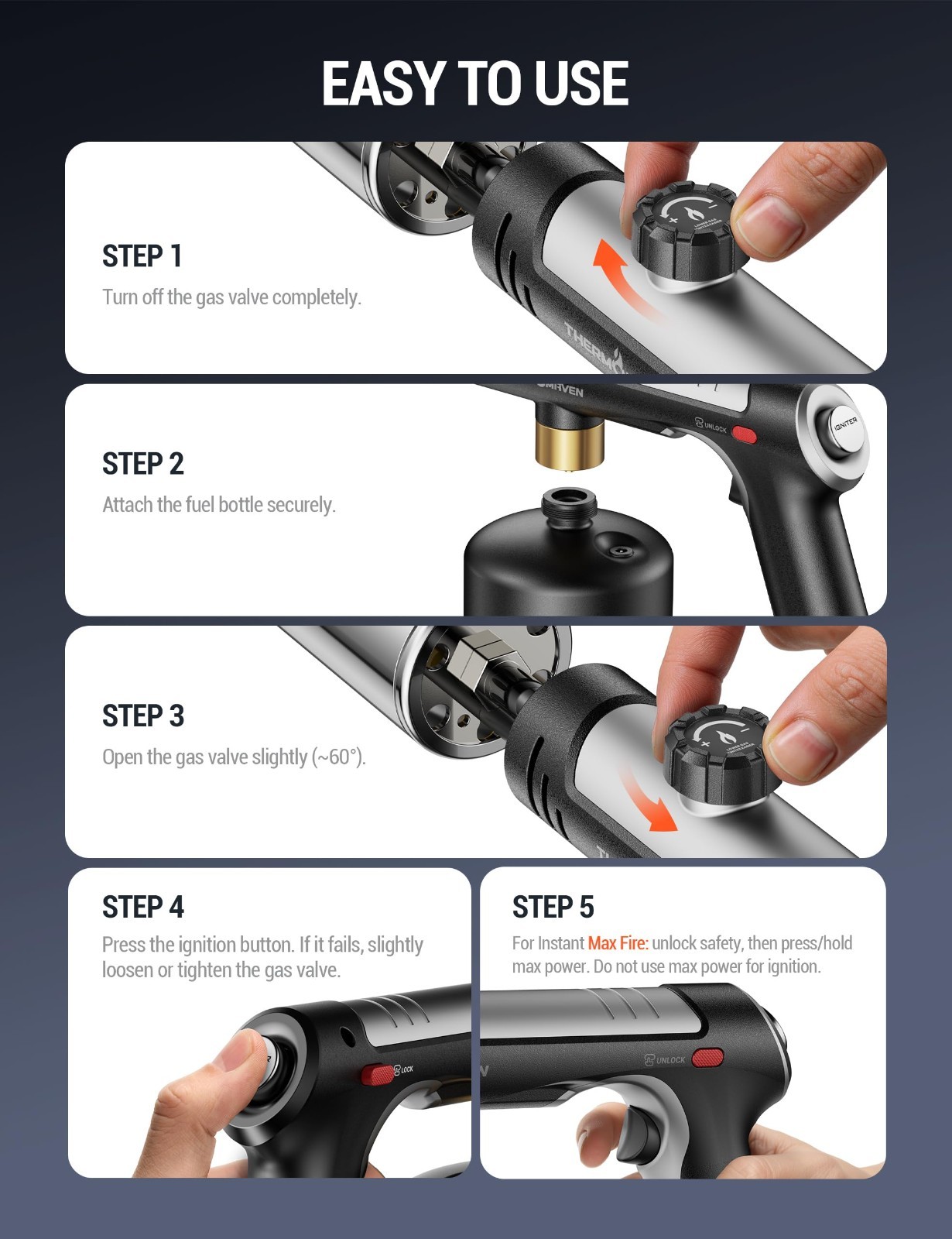 High-Performance Propane Torch with One-Touch Max Fire, Safety Lock, Cooking & B