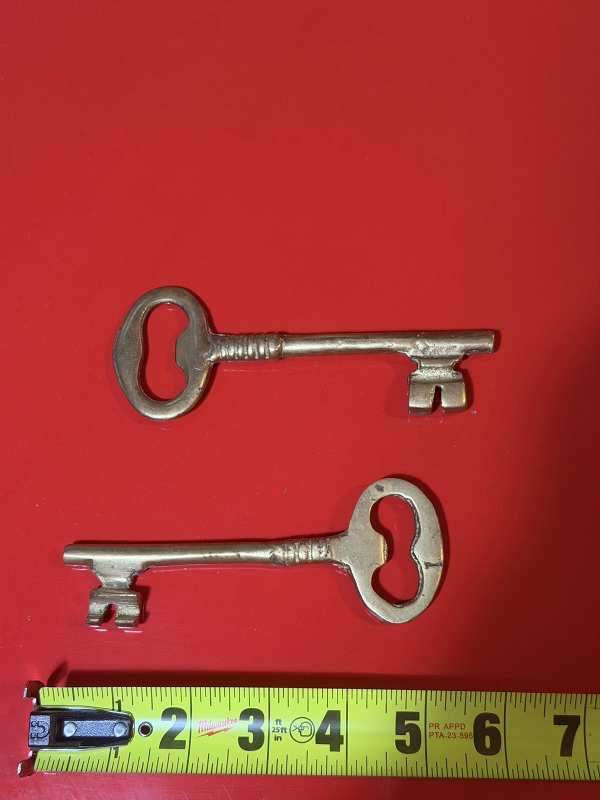 Pair of 2 Vintage Brass Skeleton Keys – Approx. 5 in Long