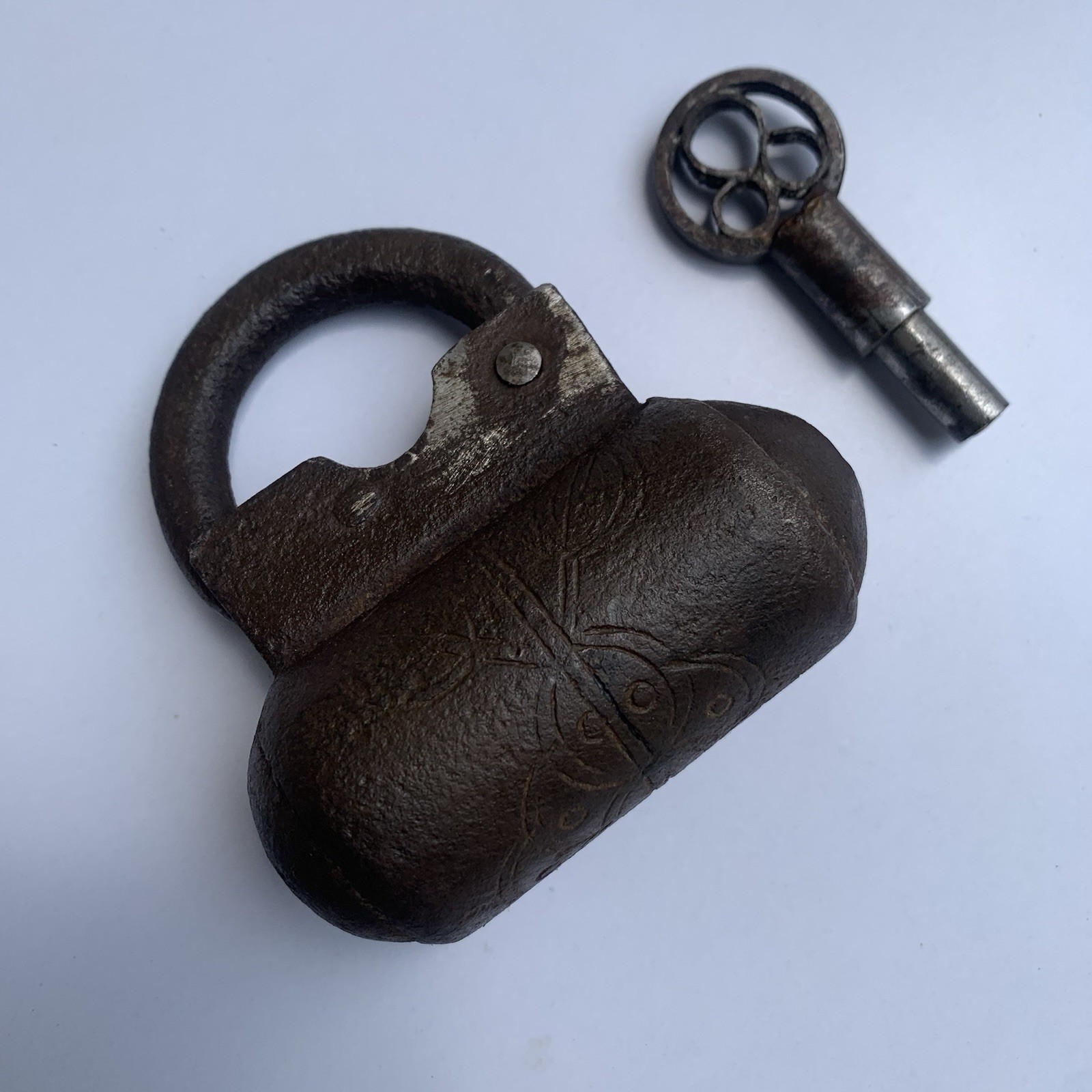 18th C Iron padlock or lock with SCREW TYPE key different and decorative shape.