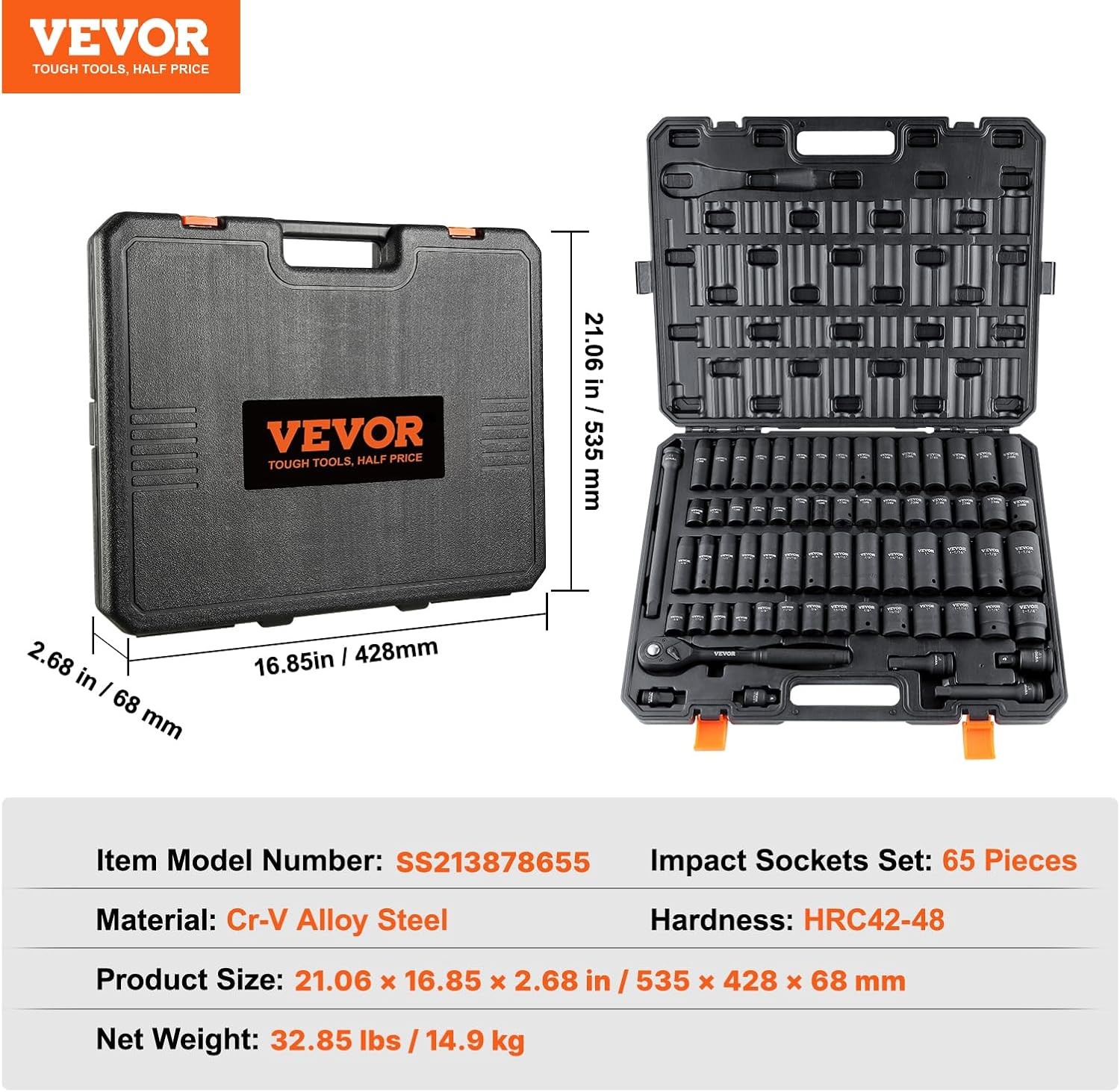 VEVOR 1/2″ Drive Impact Socket Set, 65 Piece SAE 3/8″ to 1-1/4″ and Metric 10-24