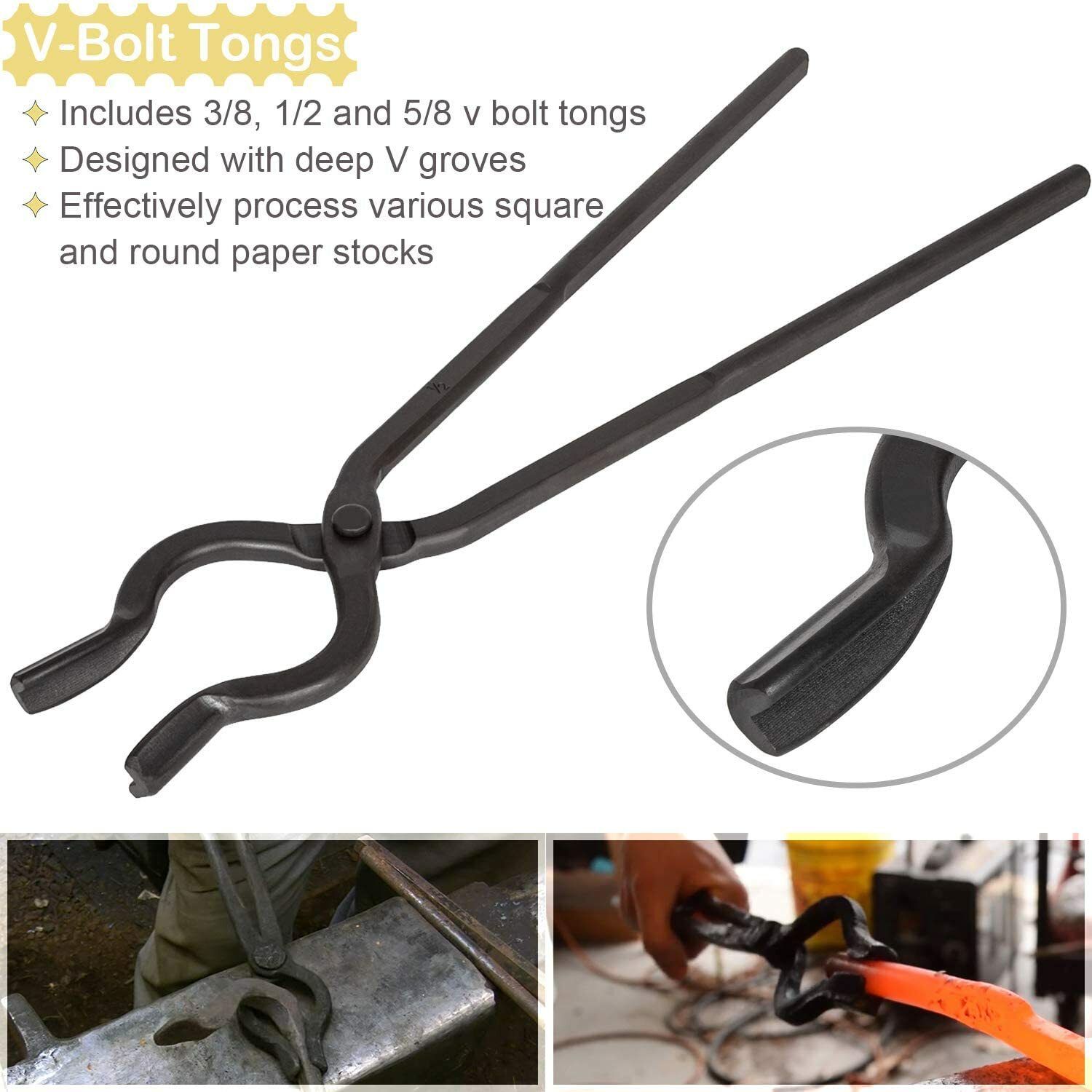 Beginner Blacksmith Tongs Forge Tong Set Flat Jaw Tong V-Bolt Tongs etc (6PCS)