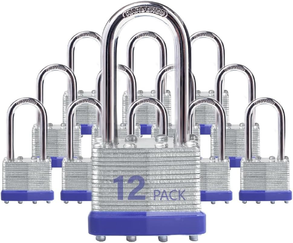 Laminated Steel Keyed Padlocks, 12 Pack, Blue, Keyed Alike, Long Shackle, 1-9/16