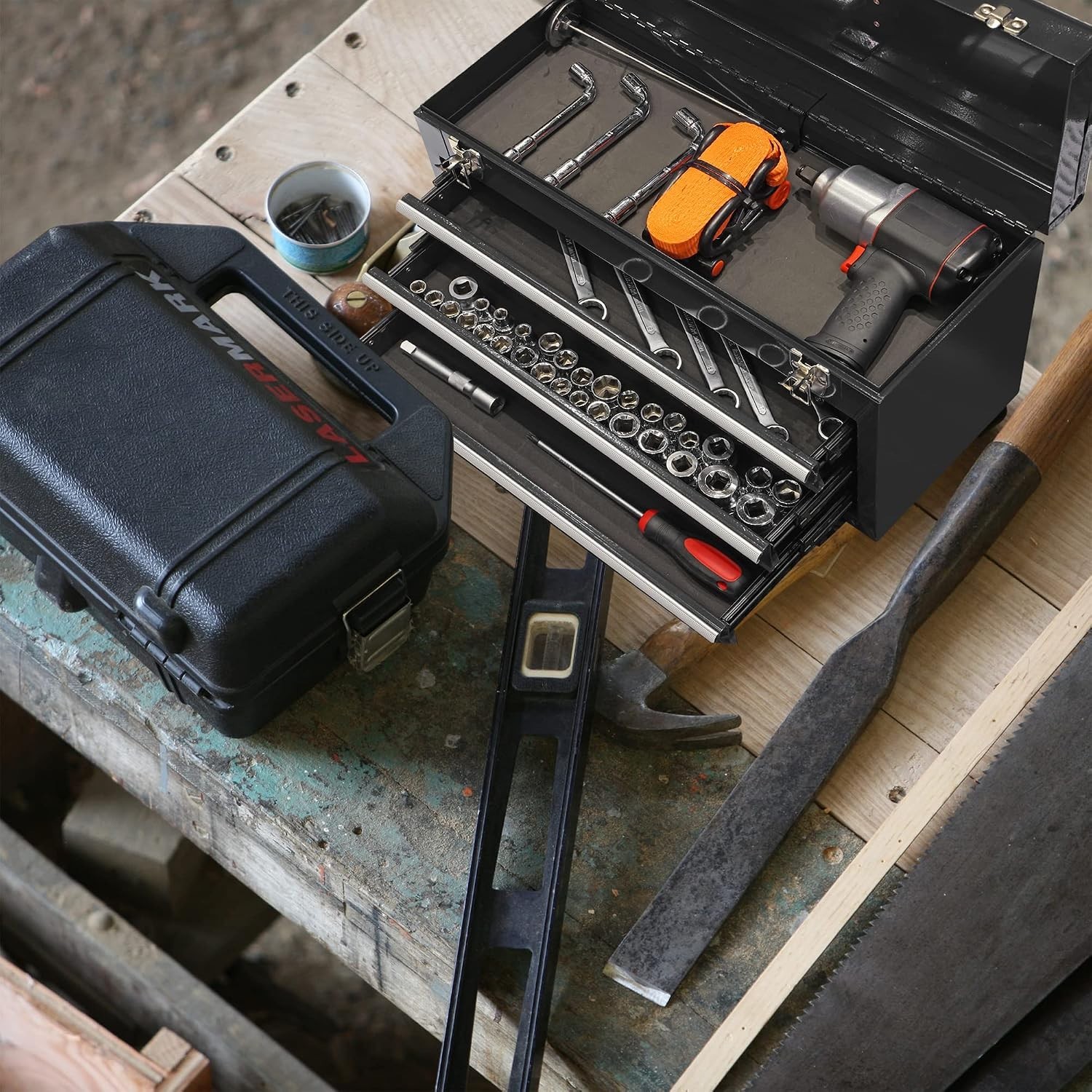 Portable Tool Box Organizer – 3 Drawer Steel Chest, 20.5″ Black, Smooth Slides