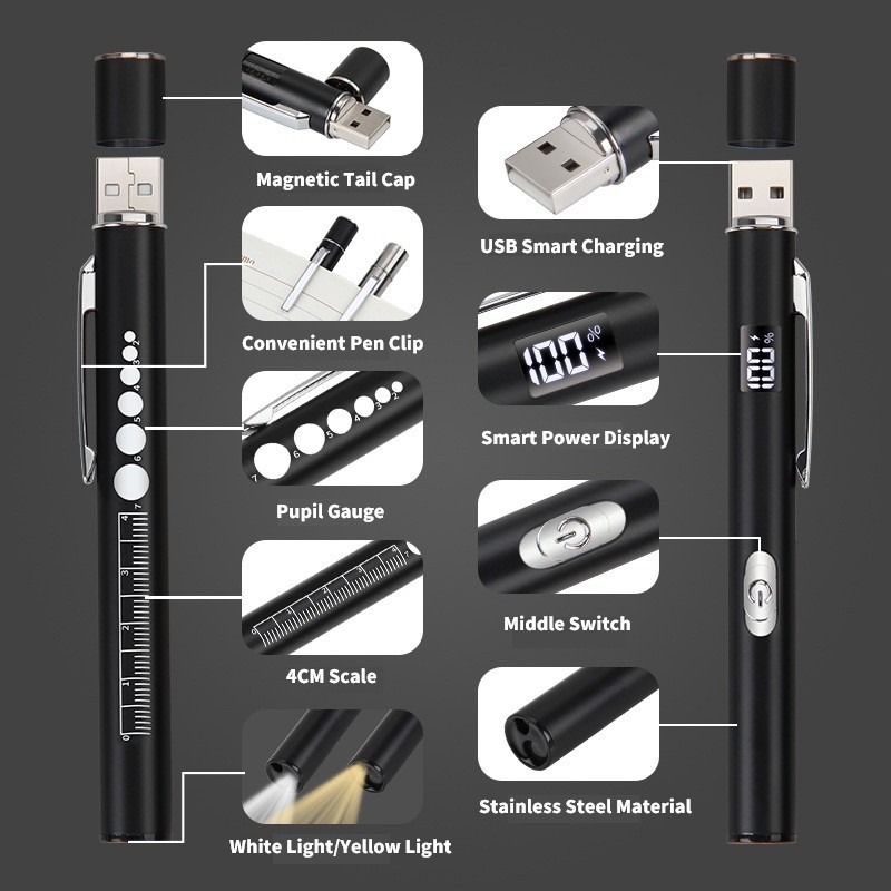 2 Pcs Pen Light with Pupil Gauge LED Penlight for Nurses Doctors Nursing Student