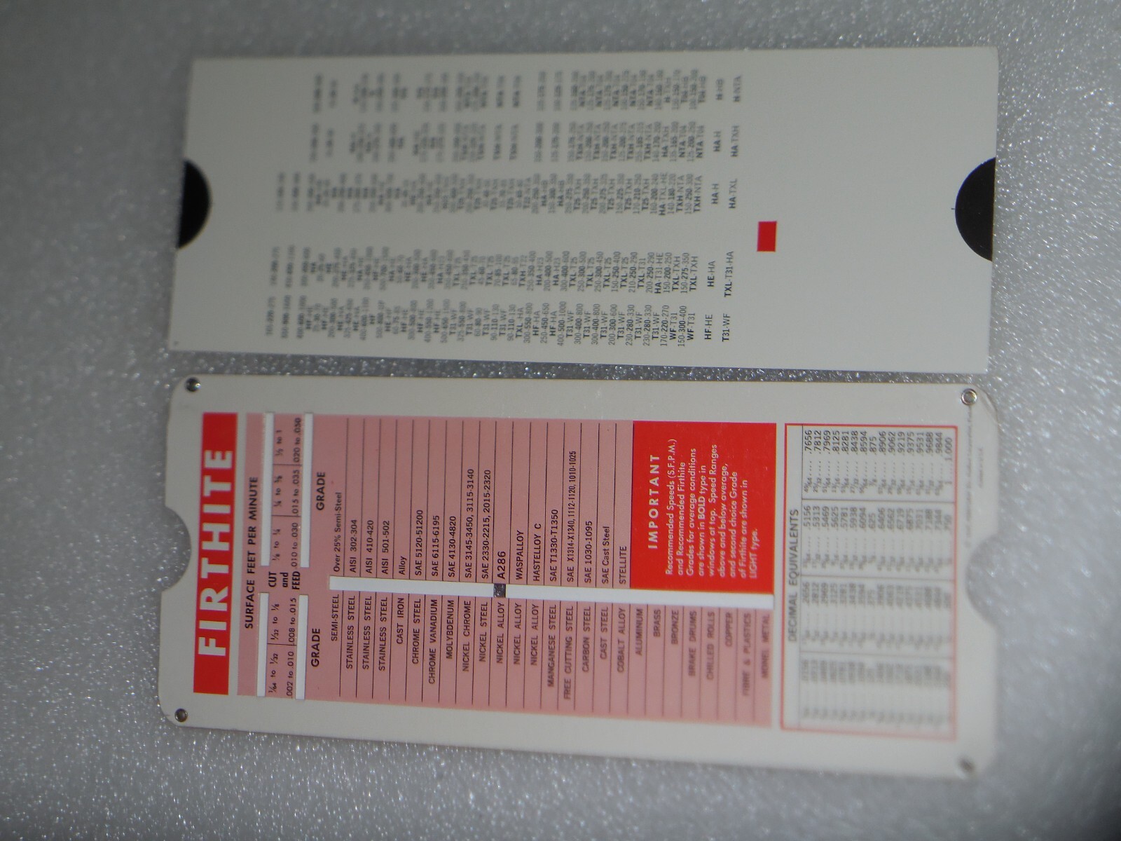 Vintage FIRTHITE FIRTH STERLING a Teledyne Co. Mat’l Cutting Calculator